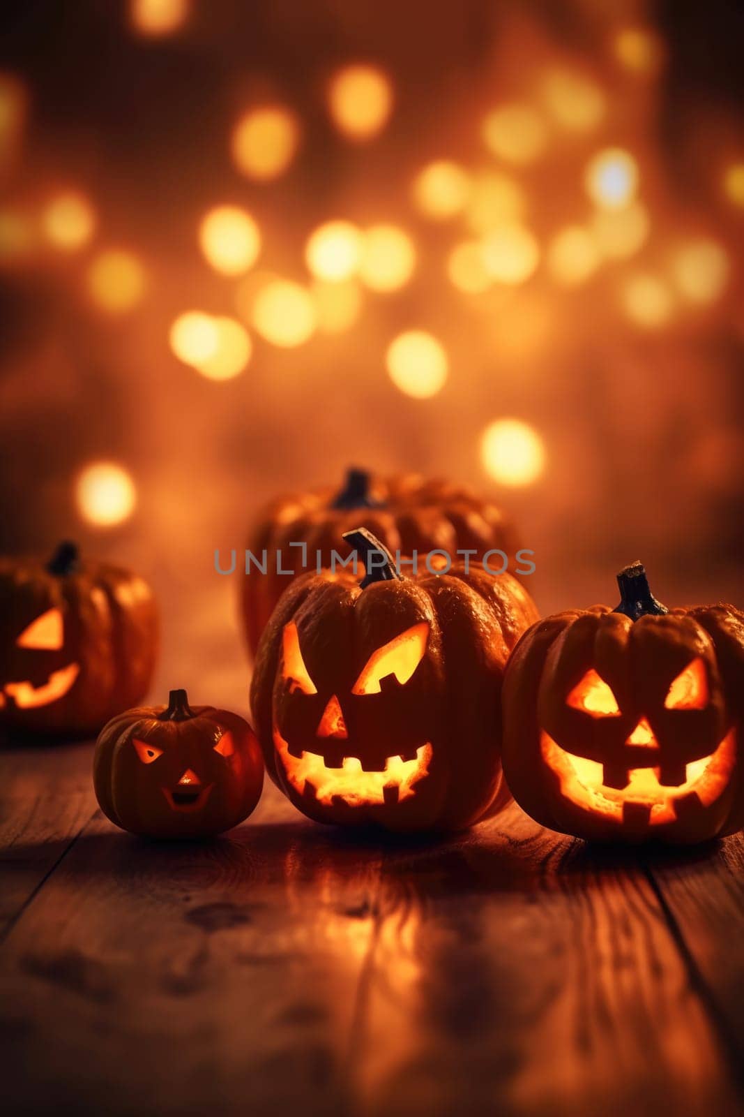 Halloween scary pumpkin, candles and dry leaves. halloween background. Generative AI