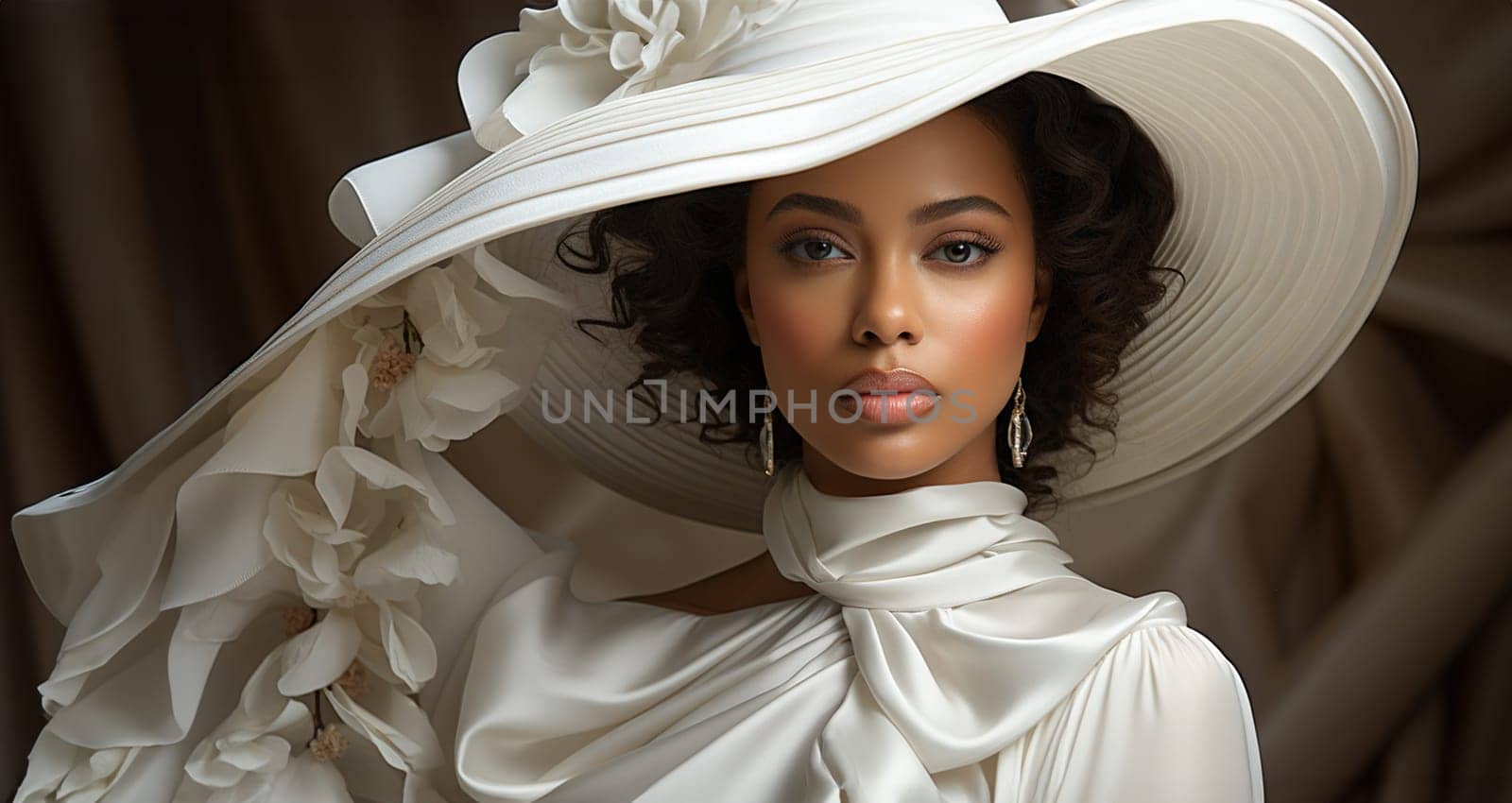 Beautiful fair-skinned African American woman in a large white fashionable hat and white dress. Generative AI