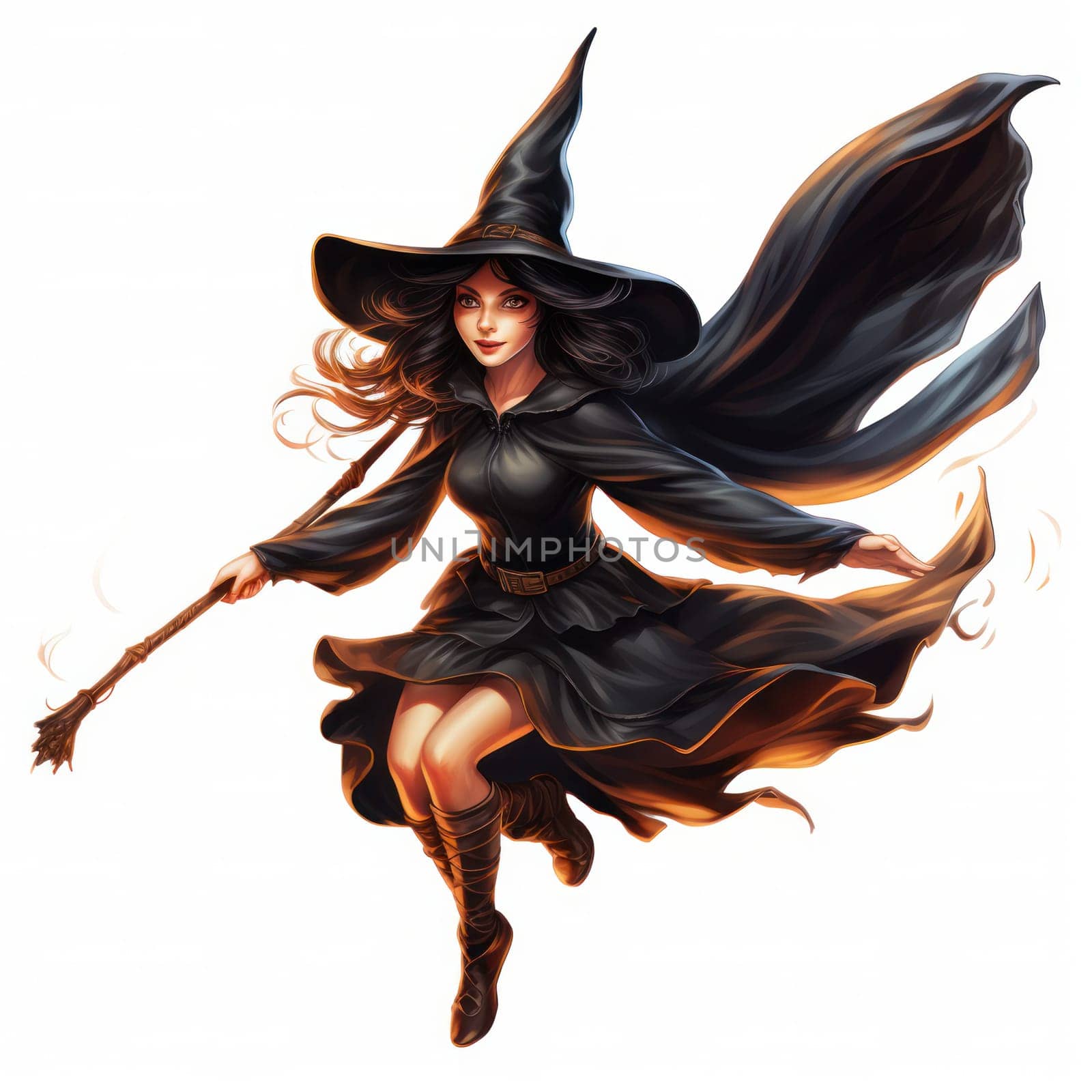cartoon witch flies on a broomstick on a white background .set of drawings for halloween or children's book. Generative AI