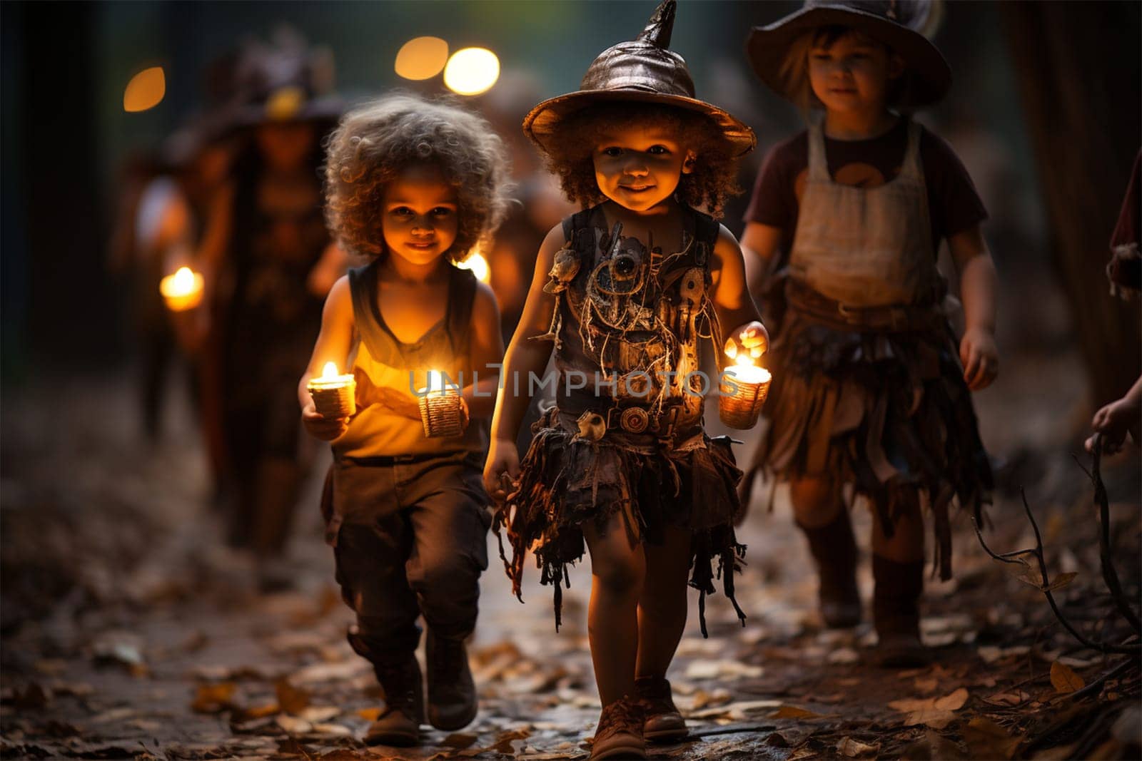 children trick-or-treating on the street on Halloween. children walk with bags and collect candy. Autumn holiday fun. Generative AI