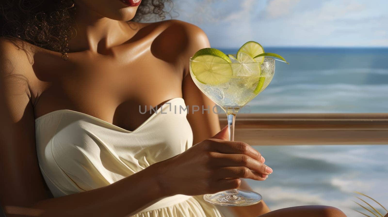 Beautiful black woman in a white dress with a cocktail with ice, sitting in an easy chair on the background of the sea. Close-up of a refreshing drink.Generative AI