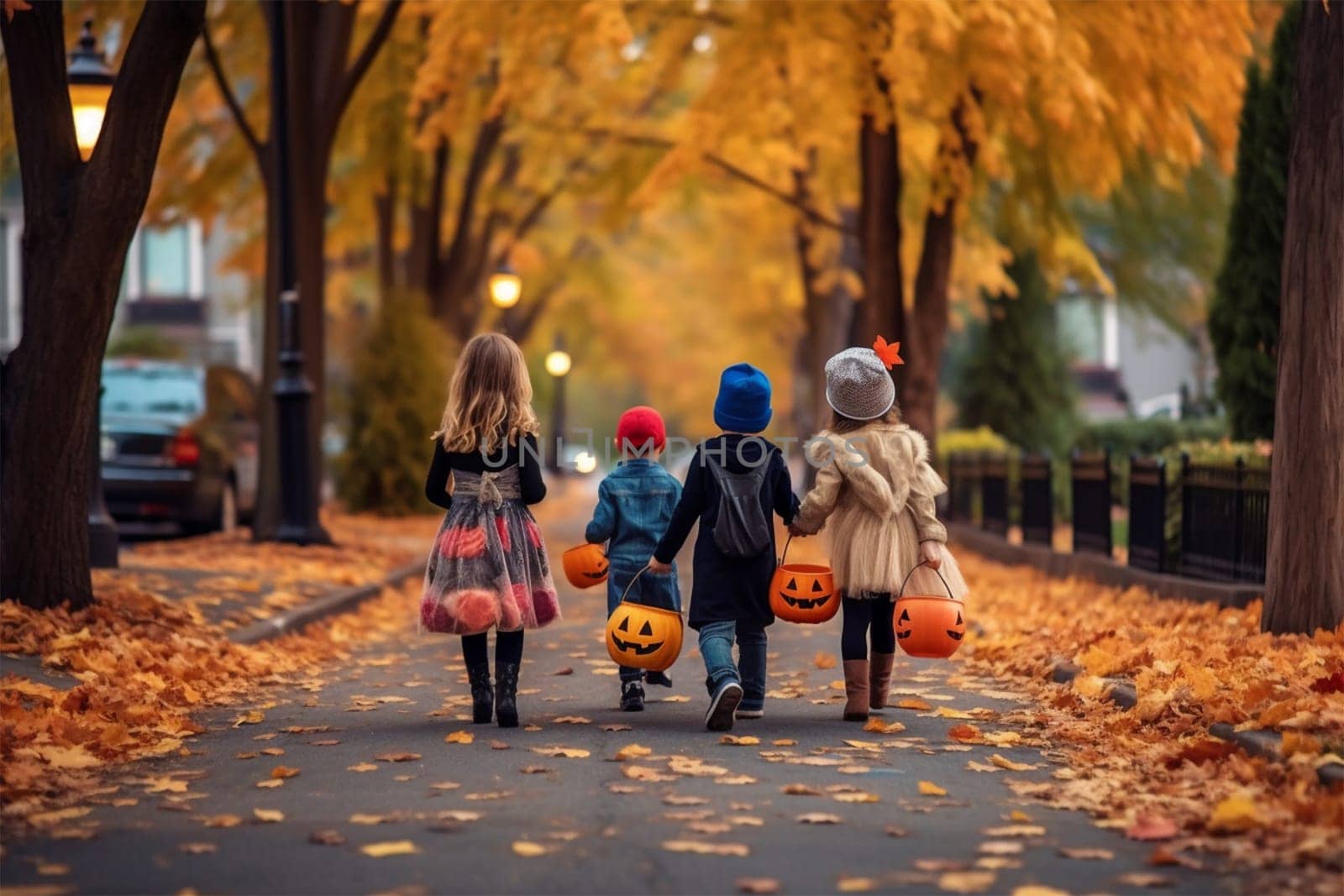 a group of little children with bags in the form of pumpkins are walking along the autumn street collecting gifts. Happy Halloween. Generative AI