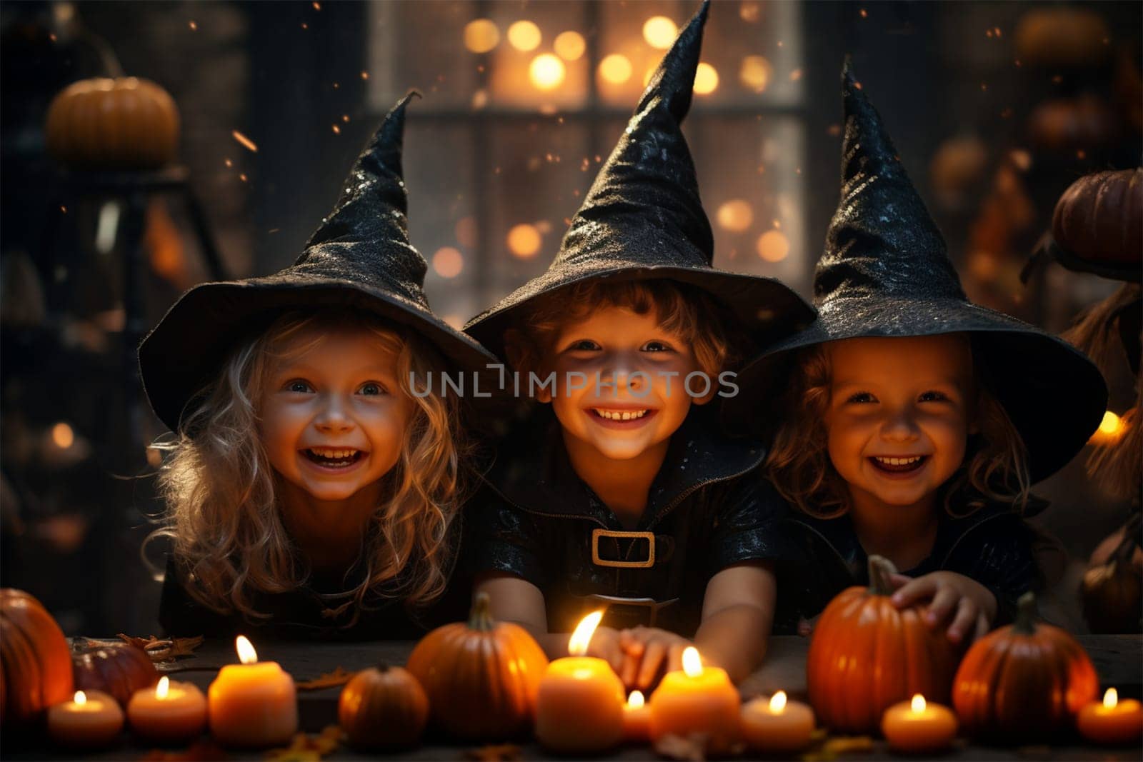 little witches in costumes and hats with candles and pumpkins at the table at night on Halloween, children's Halloween, dark background.Generative AI