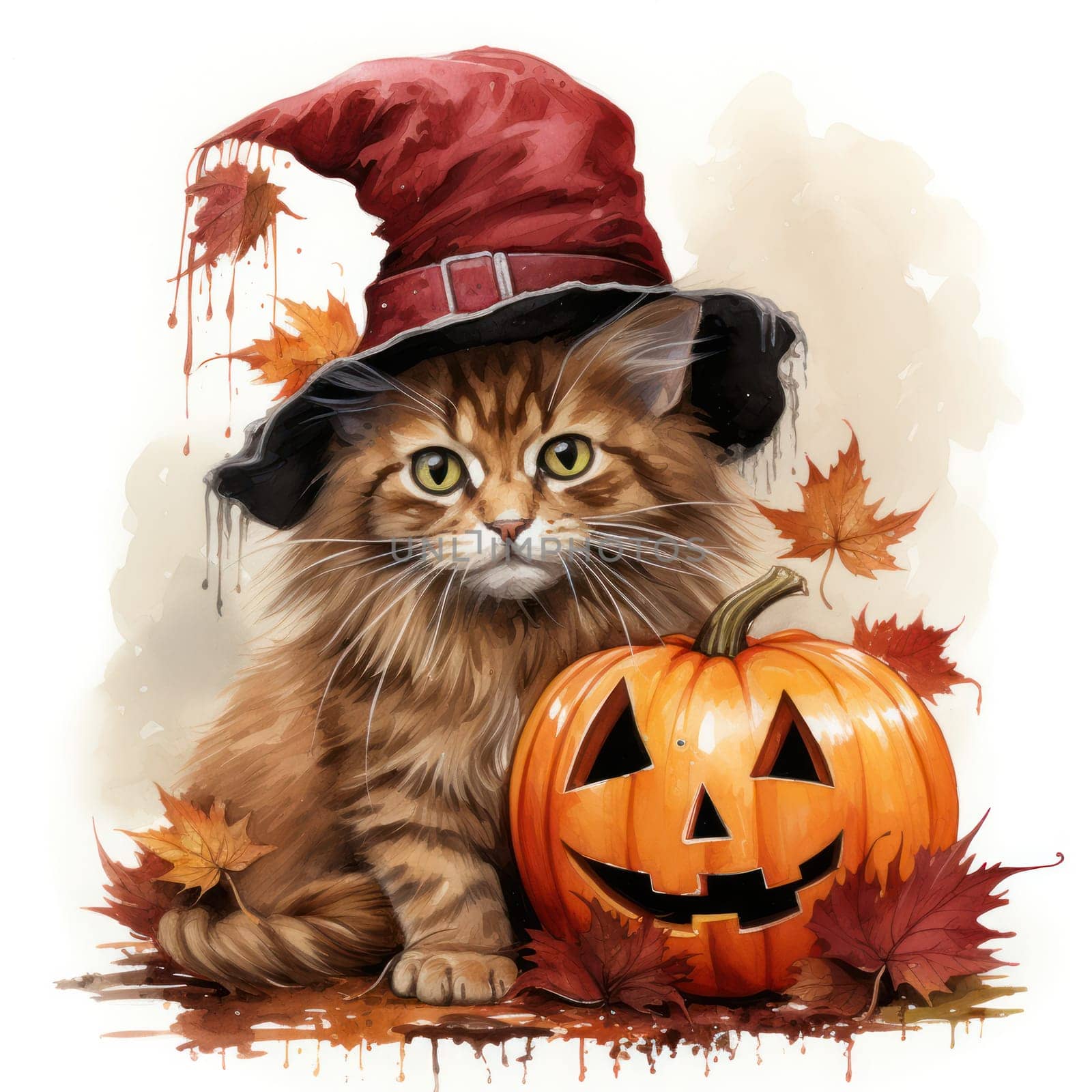 a cute cat dressed in an original Halloween costume hat standing next to a joyful pumpkin on a white background. illustration for postcard or children's book.Generative AI