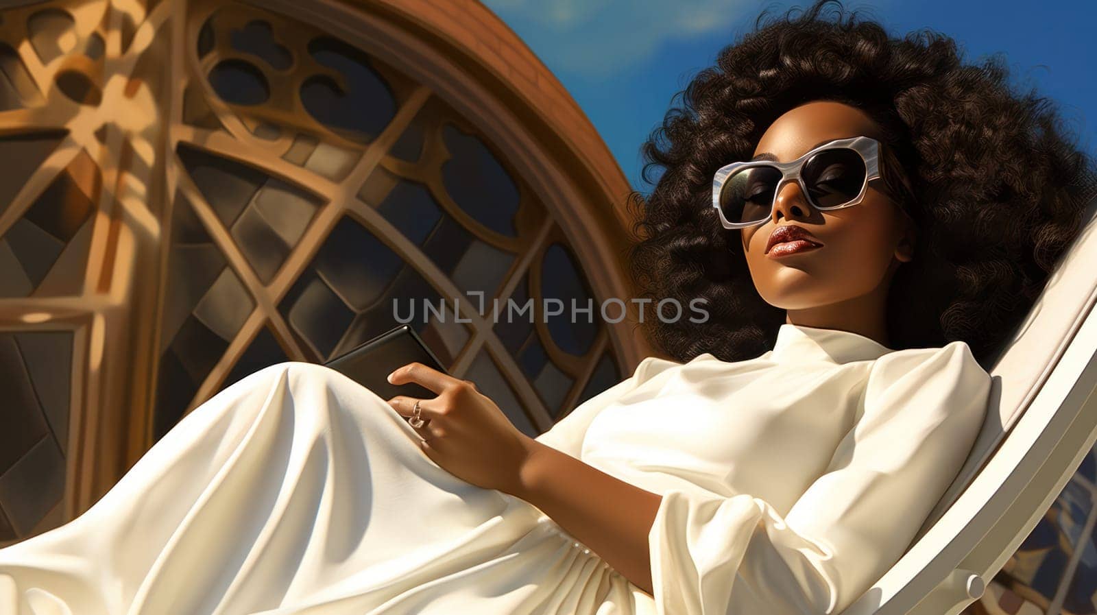 A beautiful African American woman in sunglasses and a white dress lies on a sun lounger against the sky. vacation and travel concept.Generative AI