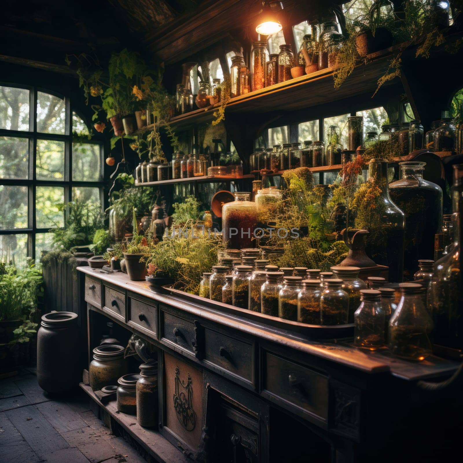 shelves with many glass bottles and herbs in a room or greenhouse .Herbal apothecary aesthetics.rustic style. home of a healer or medicine man. Generative AI