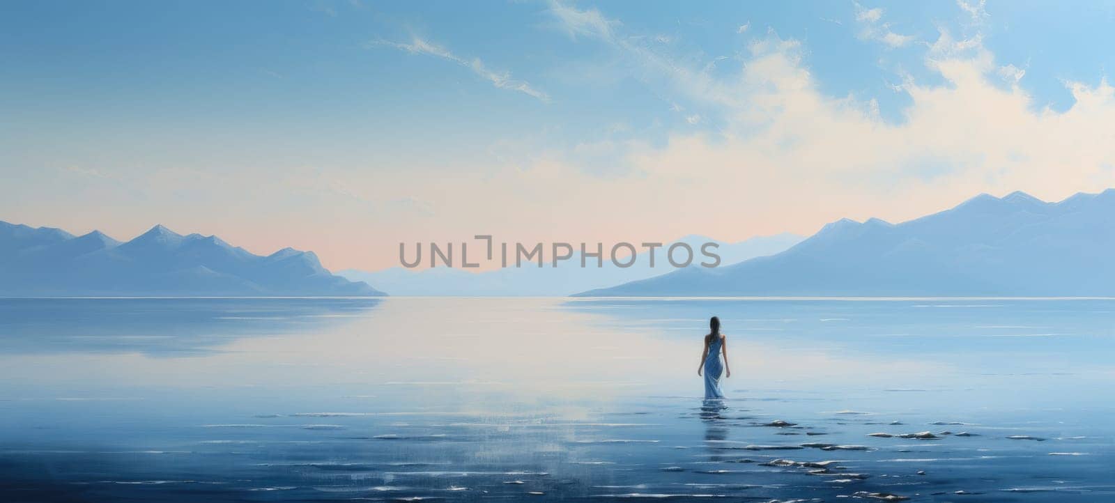 woman walking in water lake silhouette, ai