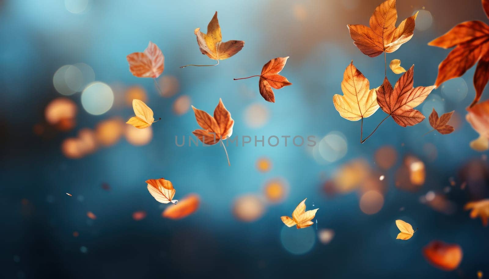 Autumn leaves drifting down against the blue sky. Autumn colors, sharp and clear focus on one leaf. Generative AI