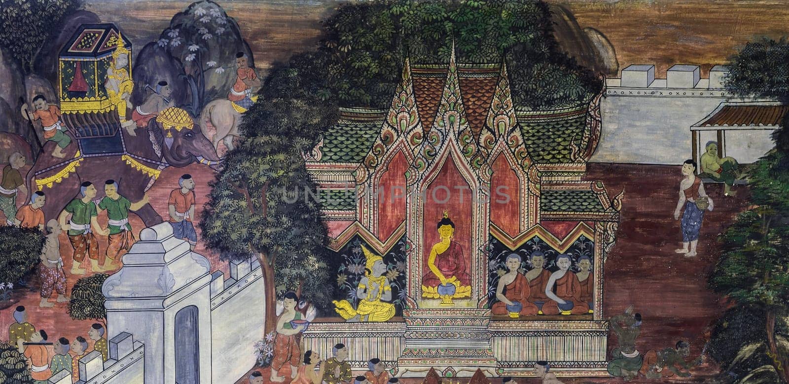BANGKOK ,THAILAND - NOVEMBER 5, 2014 : Ancient Buddhist temple mural painting of the life of Buddha inside of Wat Pho in Bangkok, Thailand