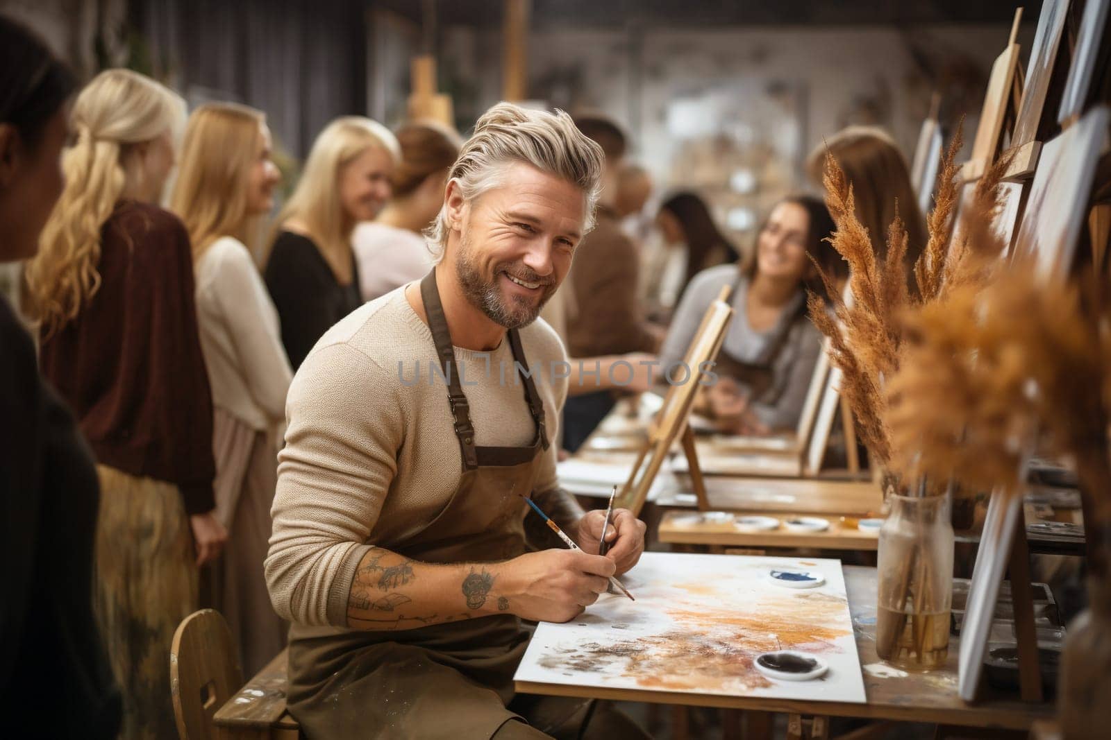Painting class with multicultural adult students of different age, learning a new skill, art workshop, leisure activity in a group