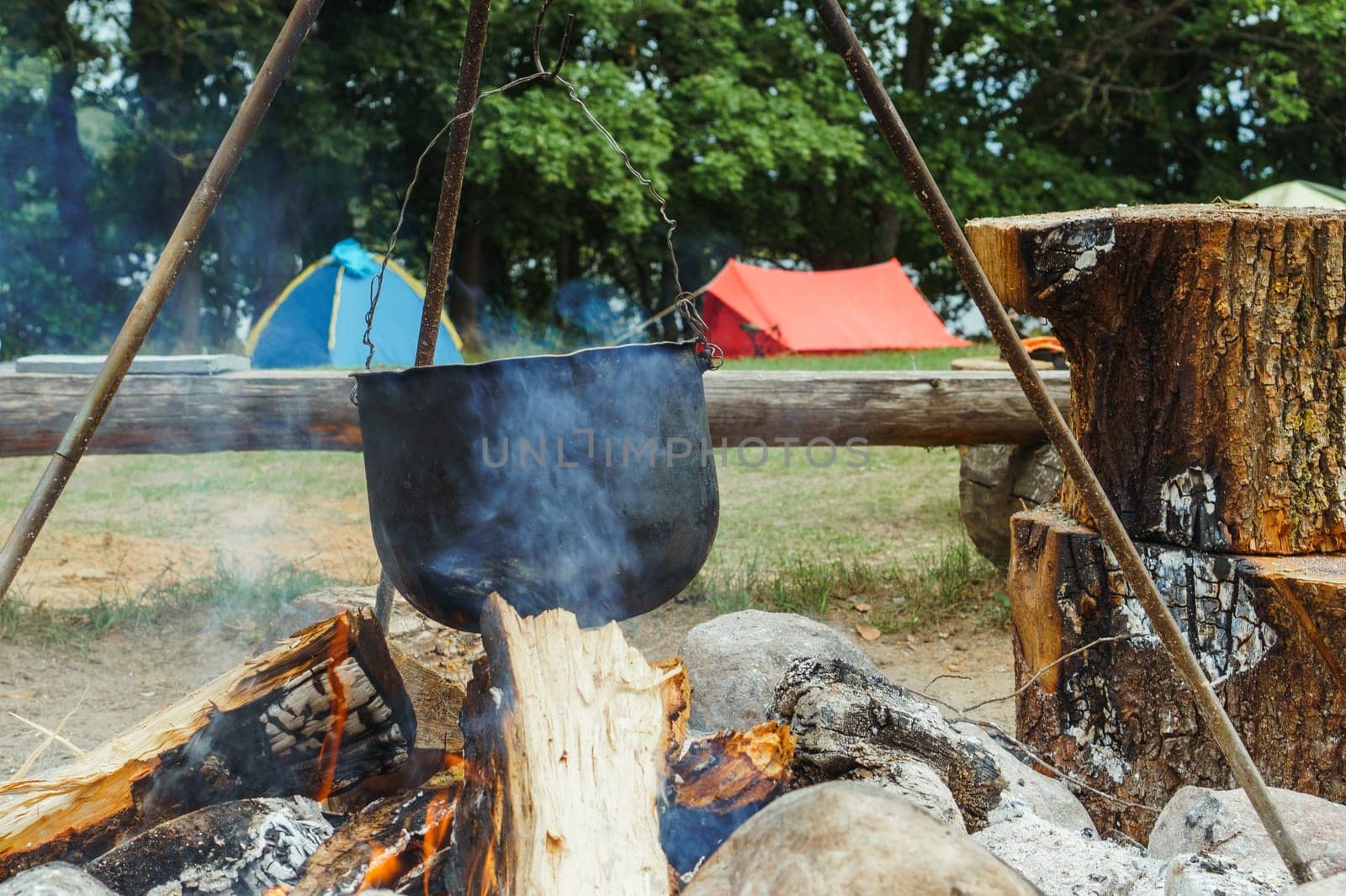 Steam from firewood raising and filling air with delicate and spicy aroma of mouthwatering meal cooking on bonfire in metal cauldron, hanging on tripod in village, preparing for cuisine at camping.