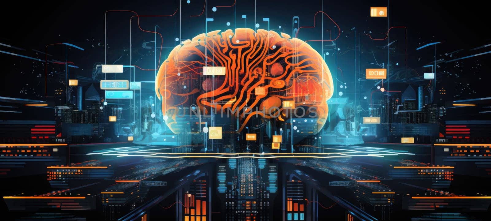 brain knowledge city digital illustration, ai