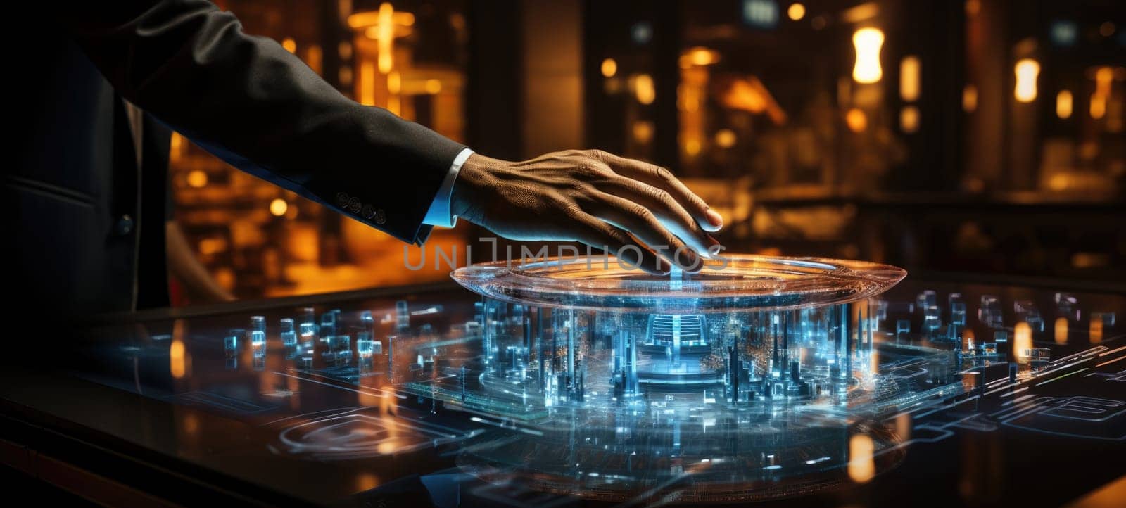 man touch futuristic tablet interface city, ai
