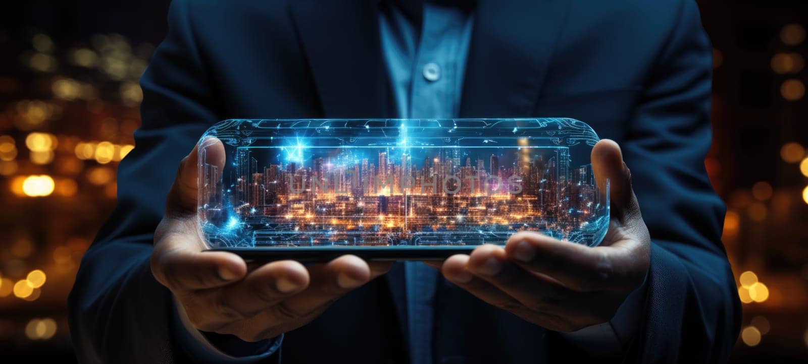man touch futuristic tablet interface city, ai