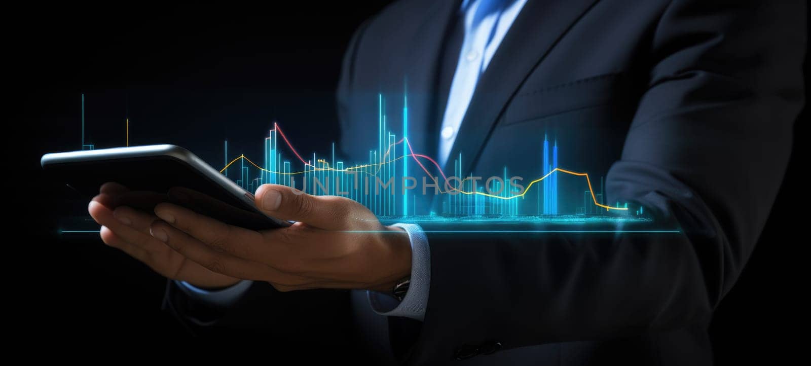 businessman hand holding a smart phone stock market, ai