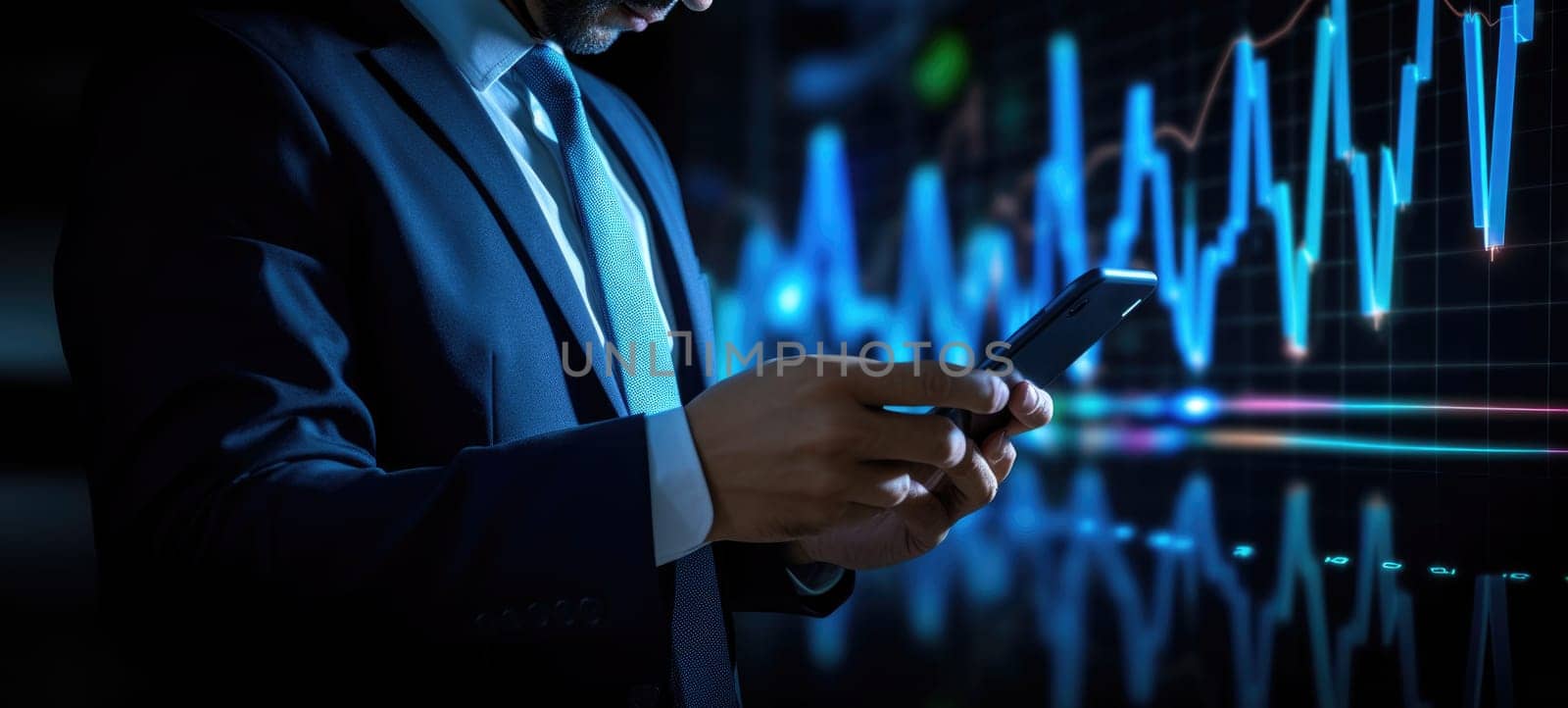 businessman hand holding a smart phone stock market, ai