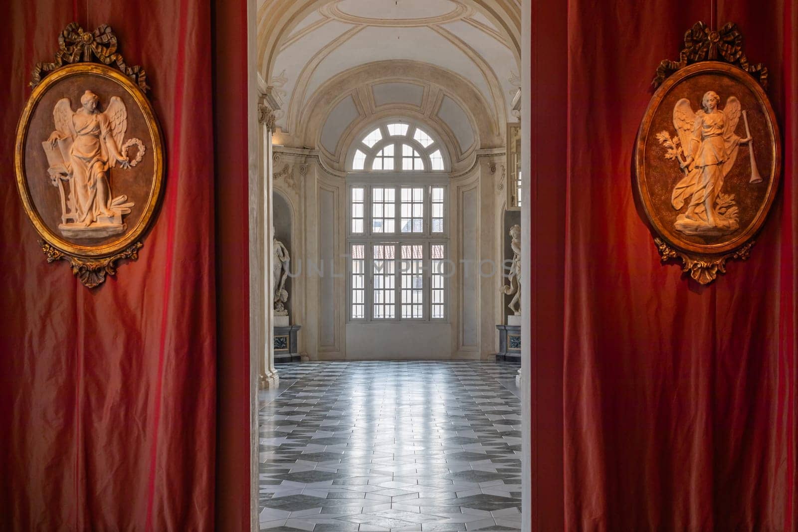 Venaria Reale, Italy - 16 July 2023: luxury gallery perspective, decorative marble, indoor, nobody, Royal Palace. Italy travel destination.