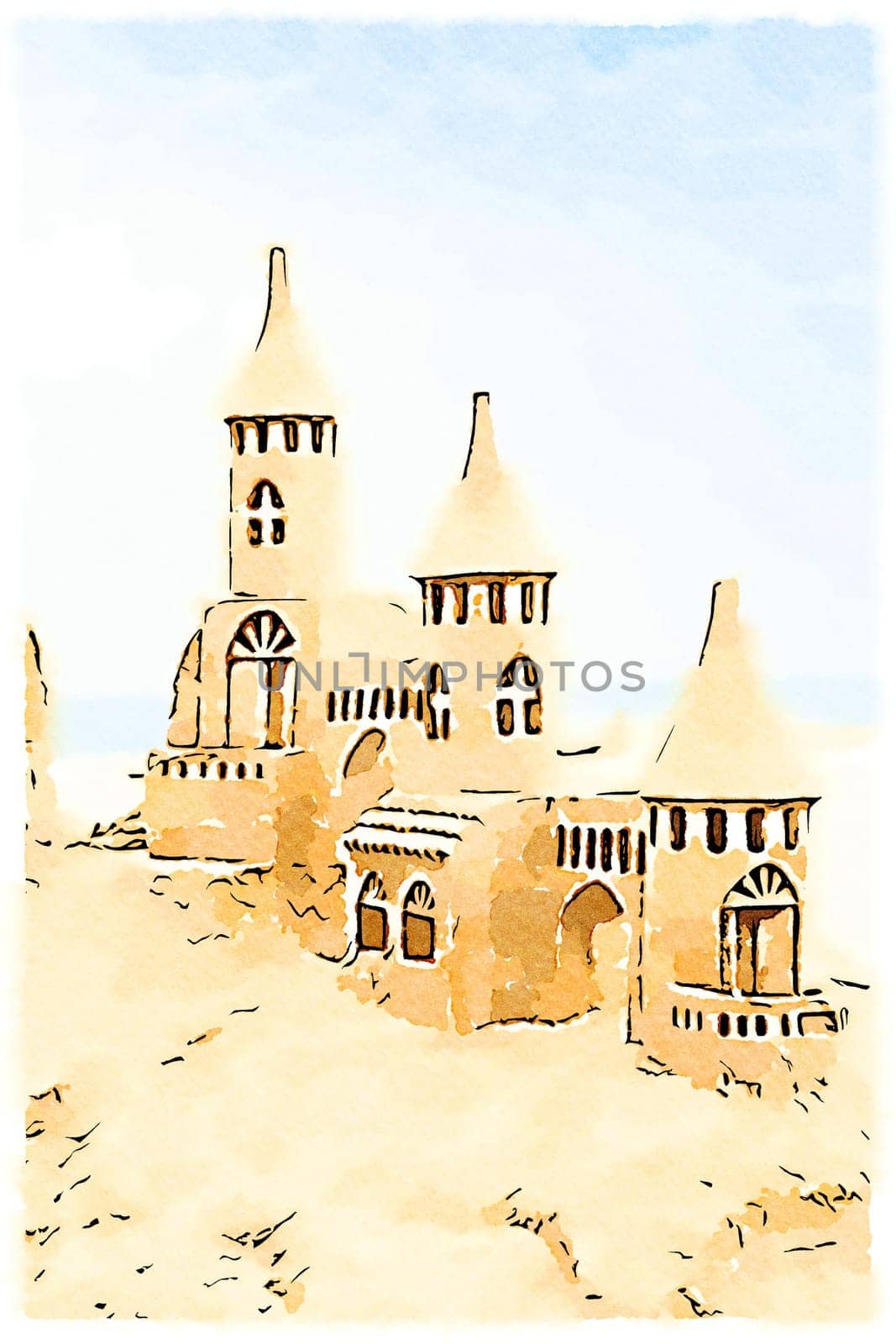Creative illustration of sendcastles on a sunny beach with blue sky. Concept of leisure, holiday, vintage nostalgia memory
