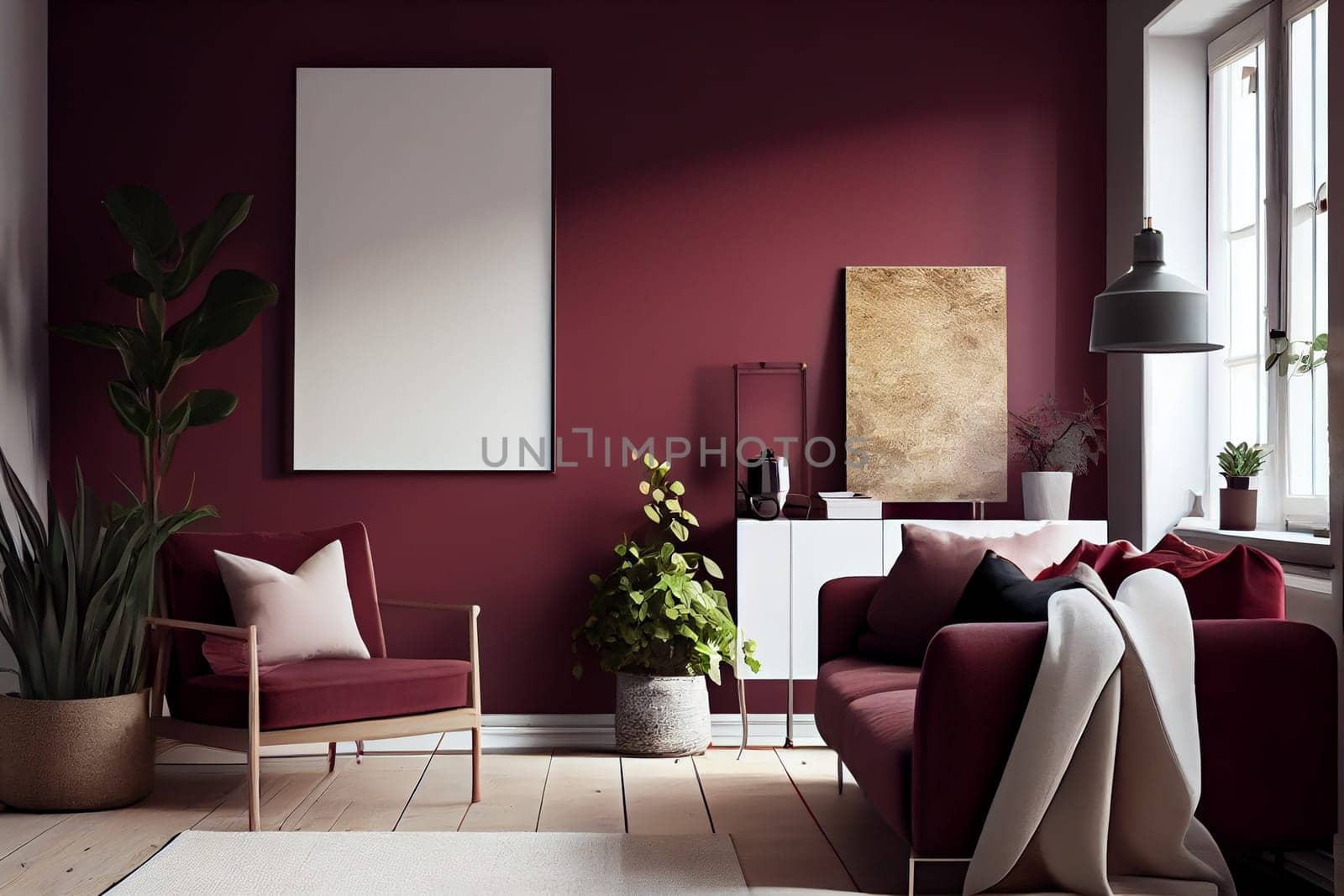 Home interior poster mock up with vertical frame - wall mockup interior. Wall art. 3d rendering, 3d illustration
