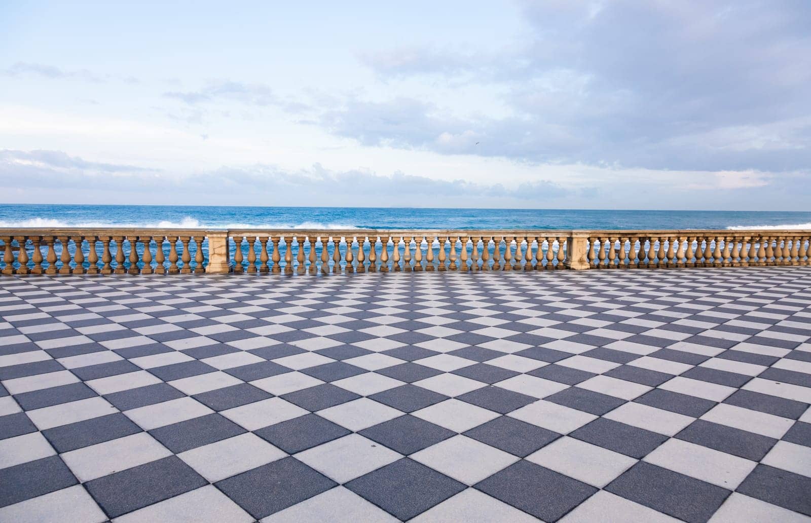 Livorno, Italy. Famous Mascagni Terrace - Terrazza Mascagni - with chess geometry pattern pavement