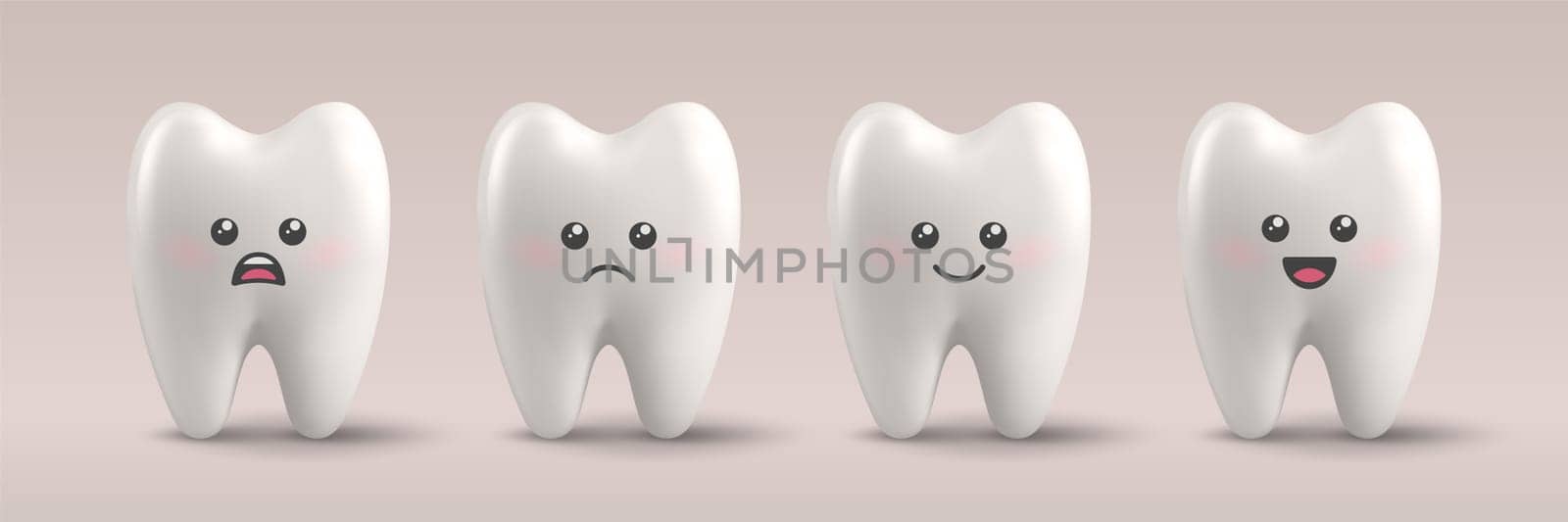 Vector 3d Realistic Tooth Set, Different Emotions, Face Expressions. Happy, Sad, Smiling Teeth. Dental Inspection Banner. Tooth Charcter with Face. Medical, Dentist Design, Dental Health Concept.