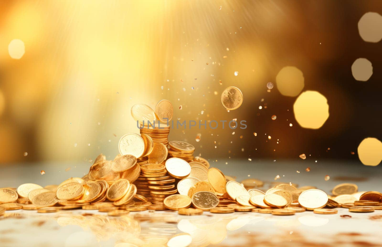 Bright background with falling gold coins, in light yellow and gold style. investment and profit. Generative AI