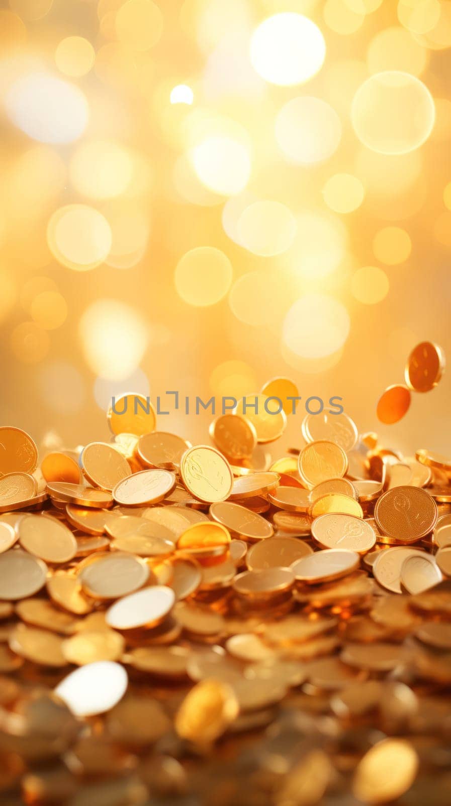 Bright background with falling gold coins, in light yellow and gold style. investment and profit. Generative AI