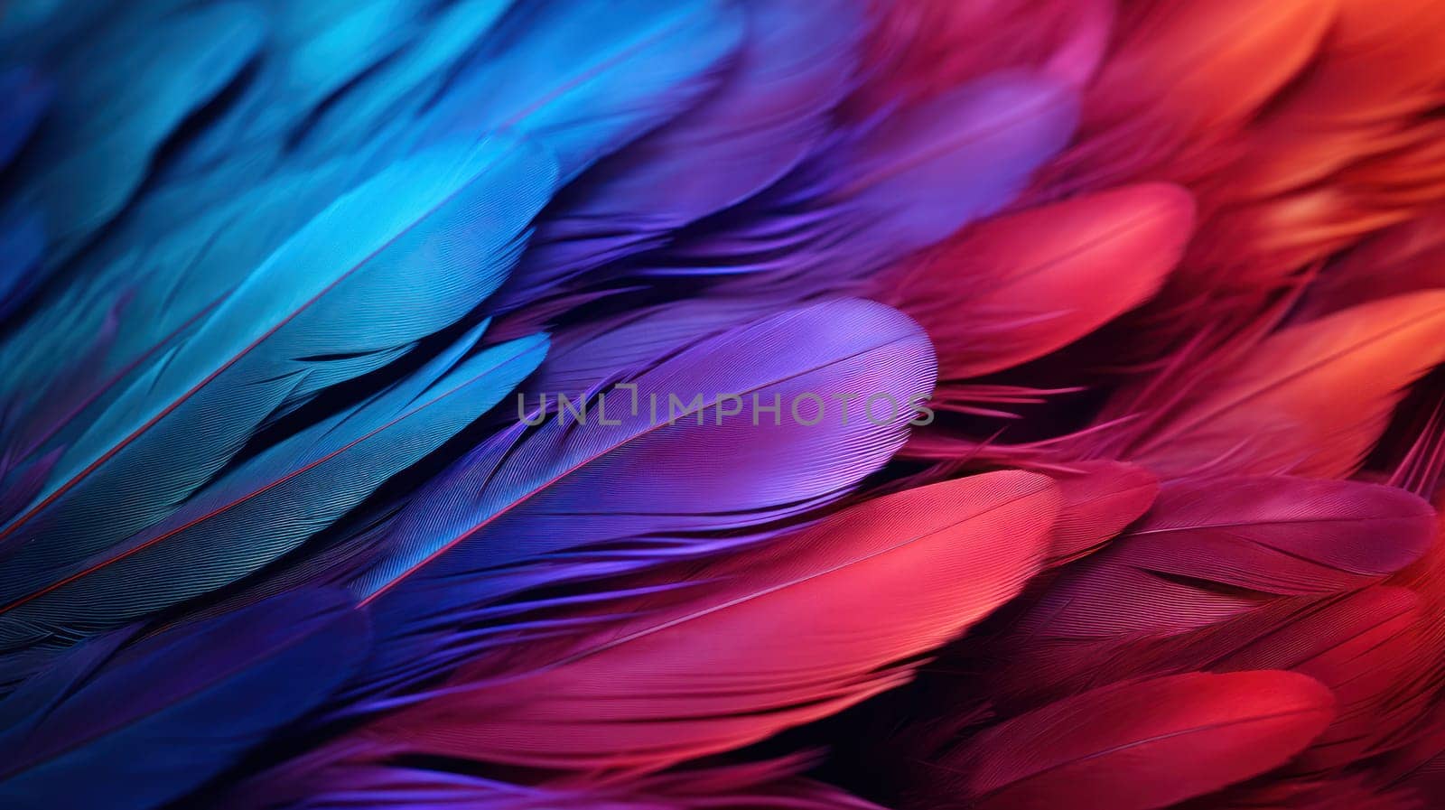 Texture background with feather surface of bright different colors in soft diffused light. Macro background of feathers, close-up. Generative AI