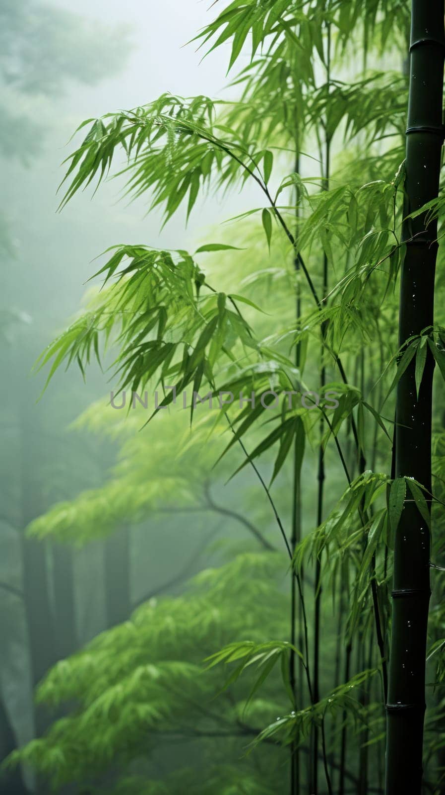 Vertical lines of a bamboo forest shrouded in misty haze. morning mist, zen world. Generative AI
