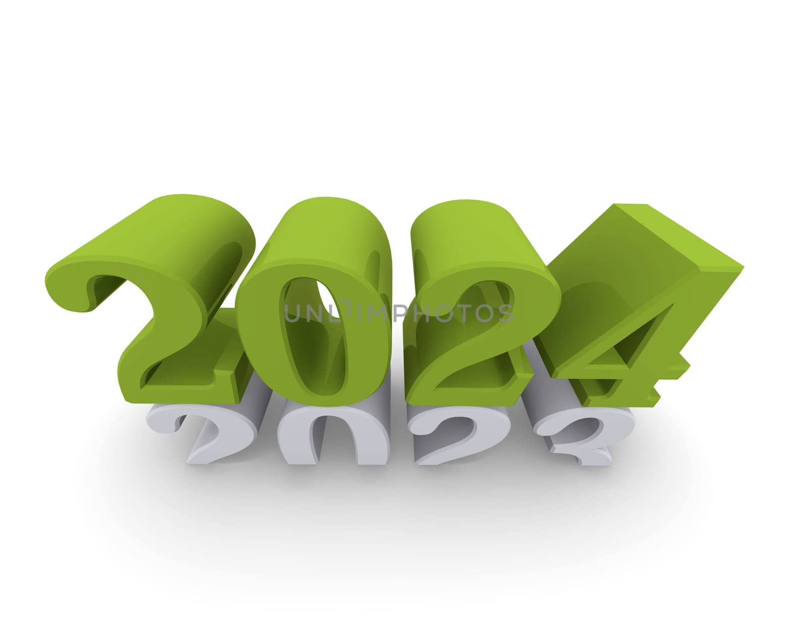 Green New Year 2024 concept 3d image on a white background, 3d rendering