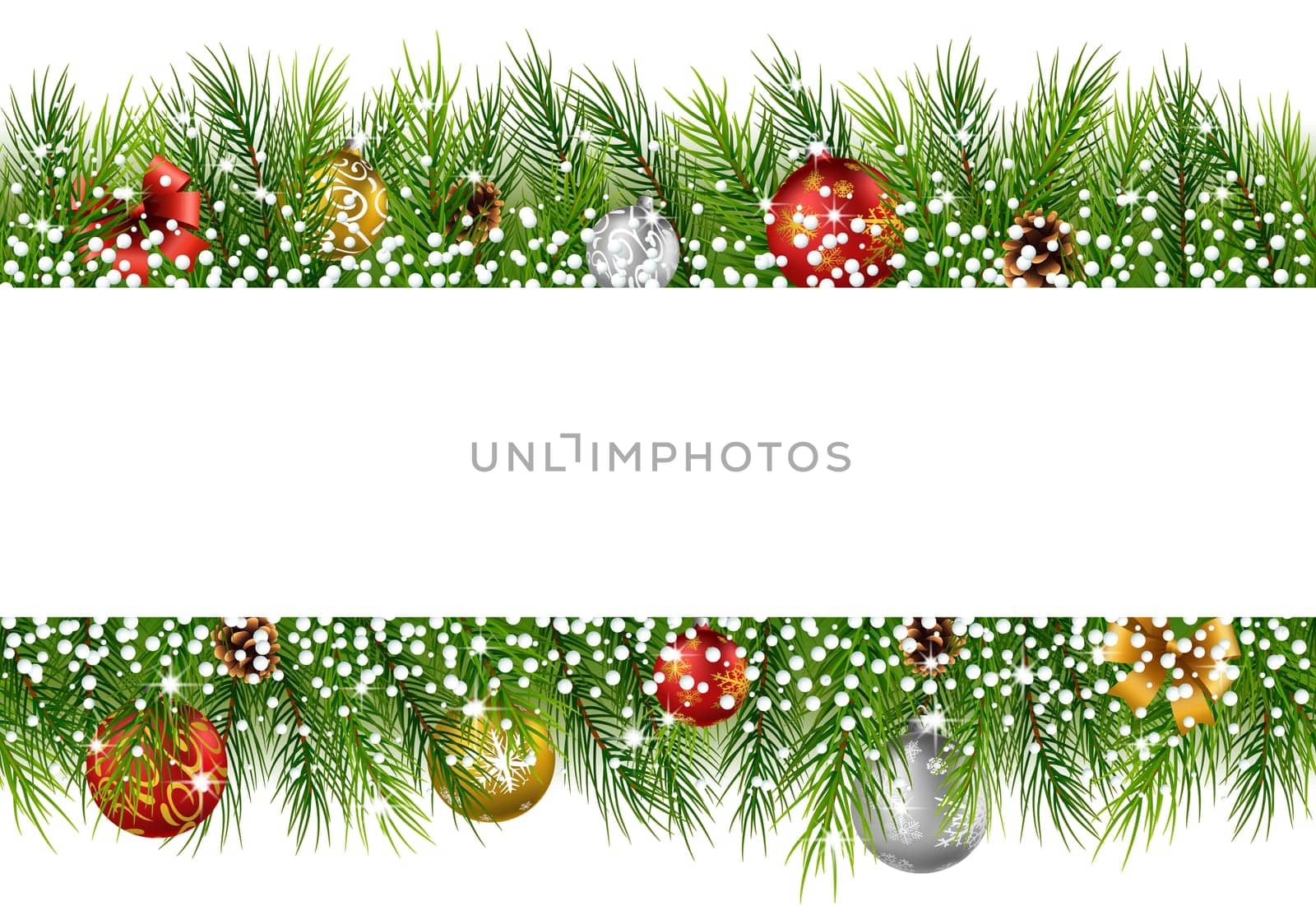 Christmas background with pine cone, ball and fir in snow