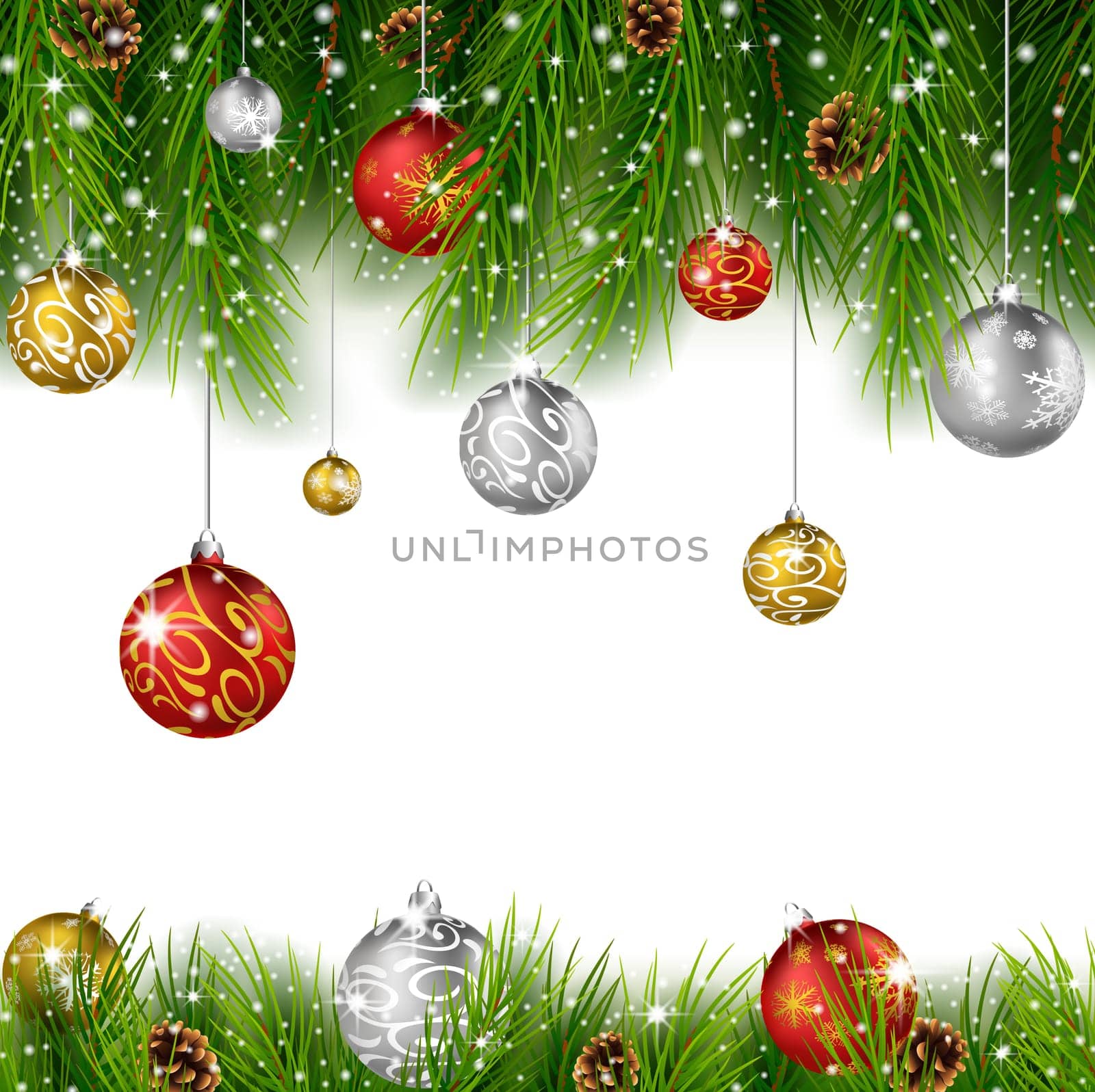 Christmas background with pine cone, ball and fir in snow