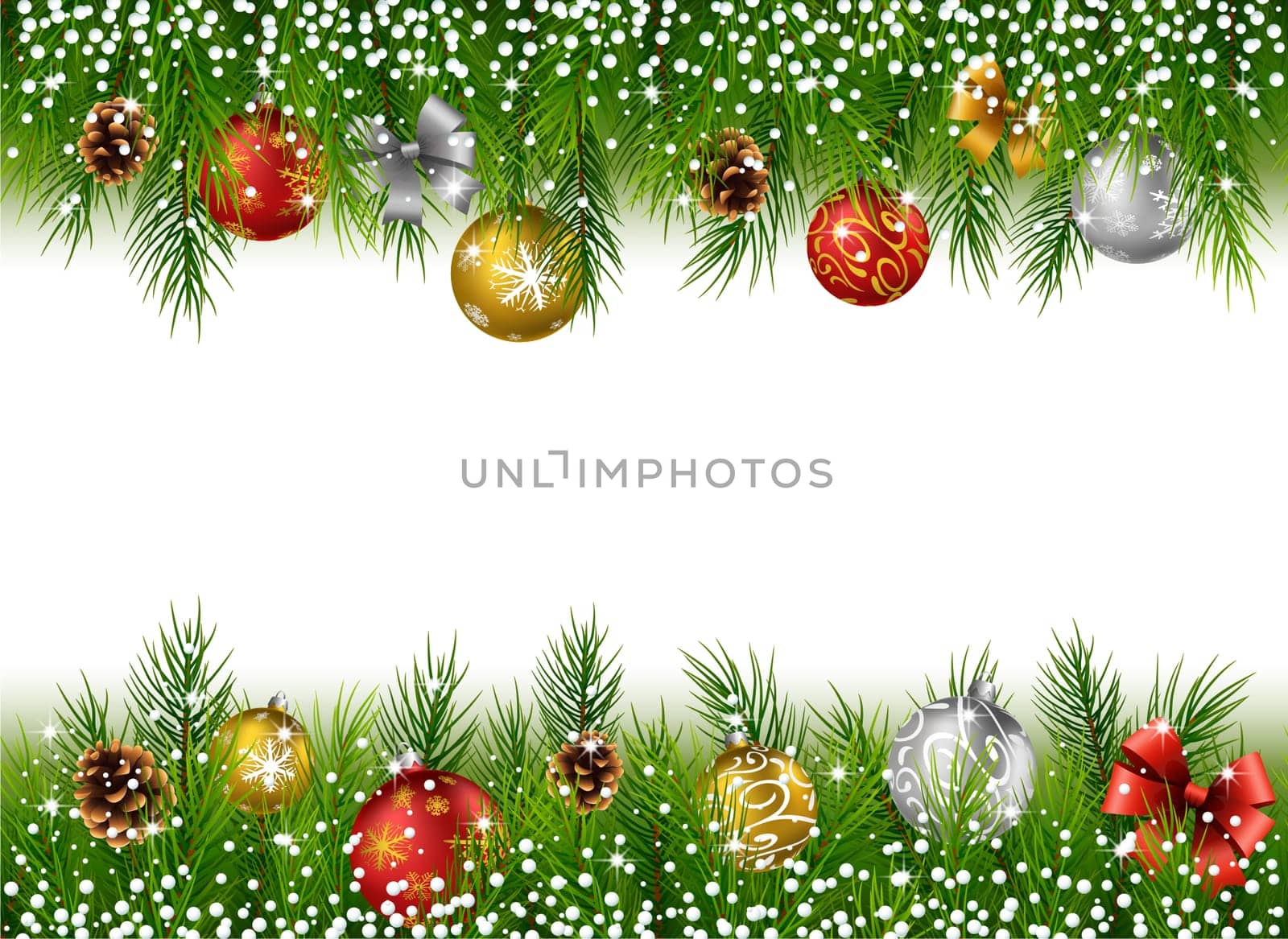 Christmas background with pine cone, ball and fir in snow