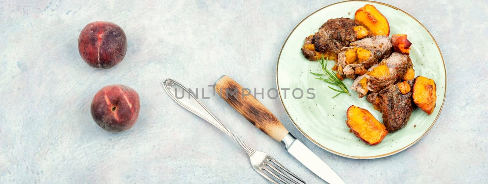 Diet baked beef steak with peach. Space for text