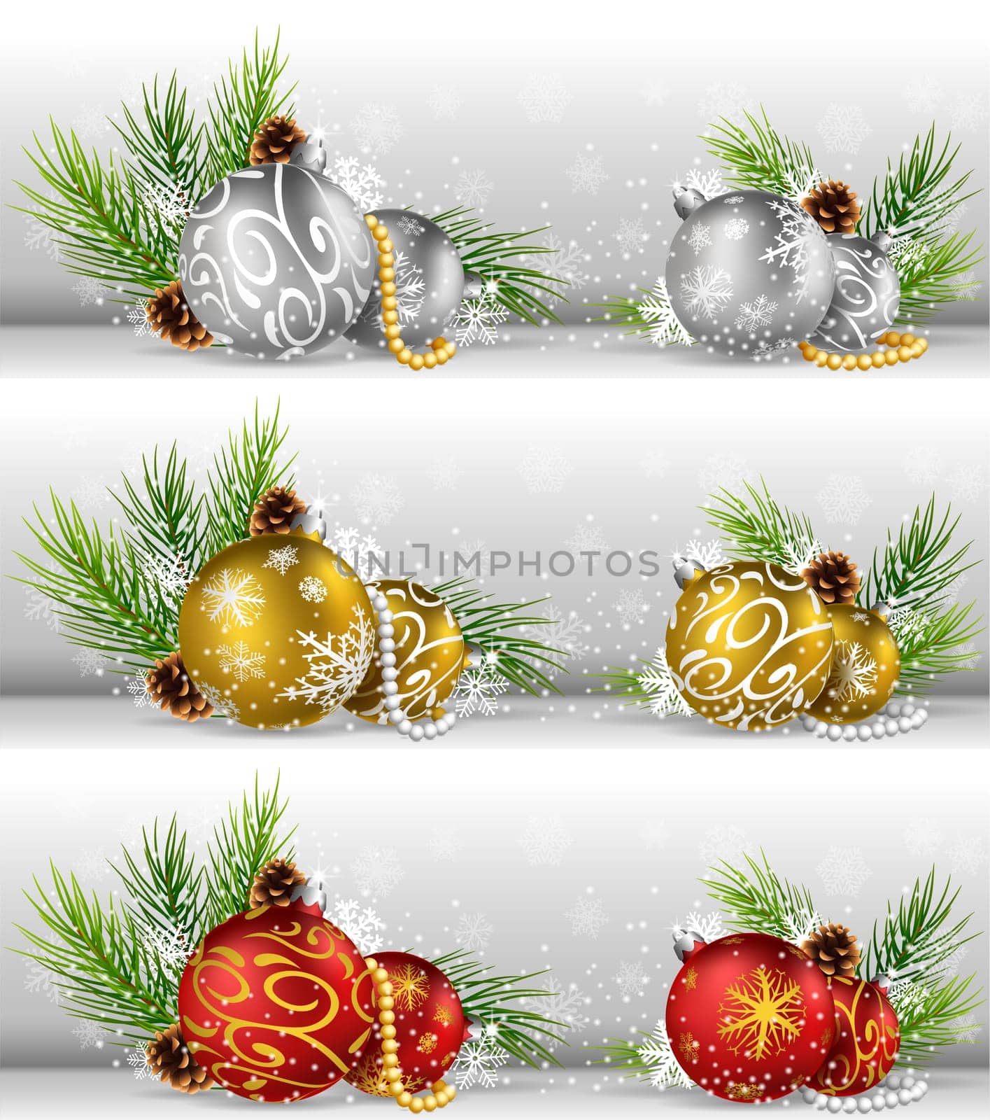 Christmas background with pine cone, ball and fir in snow