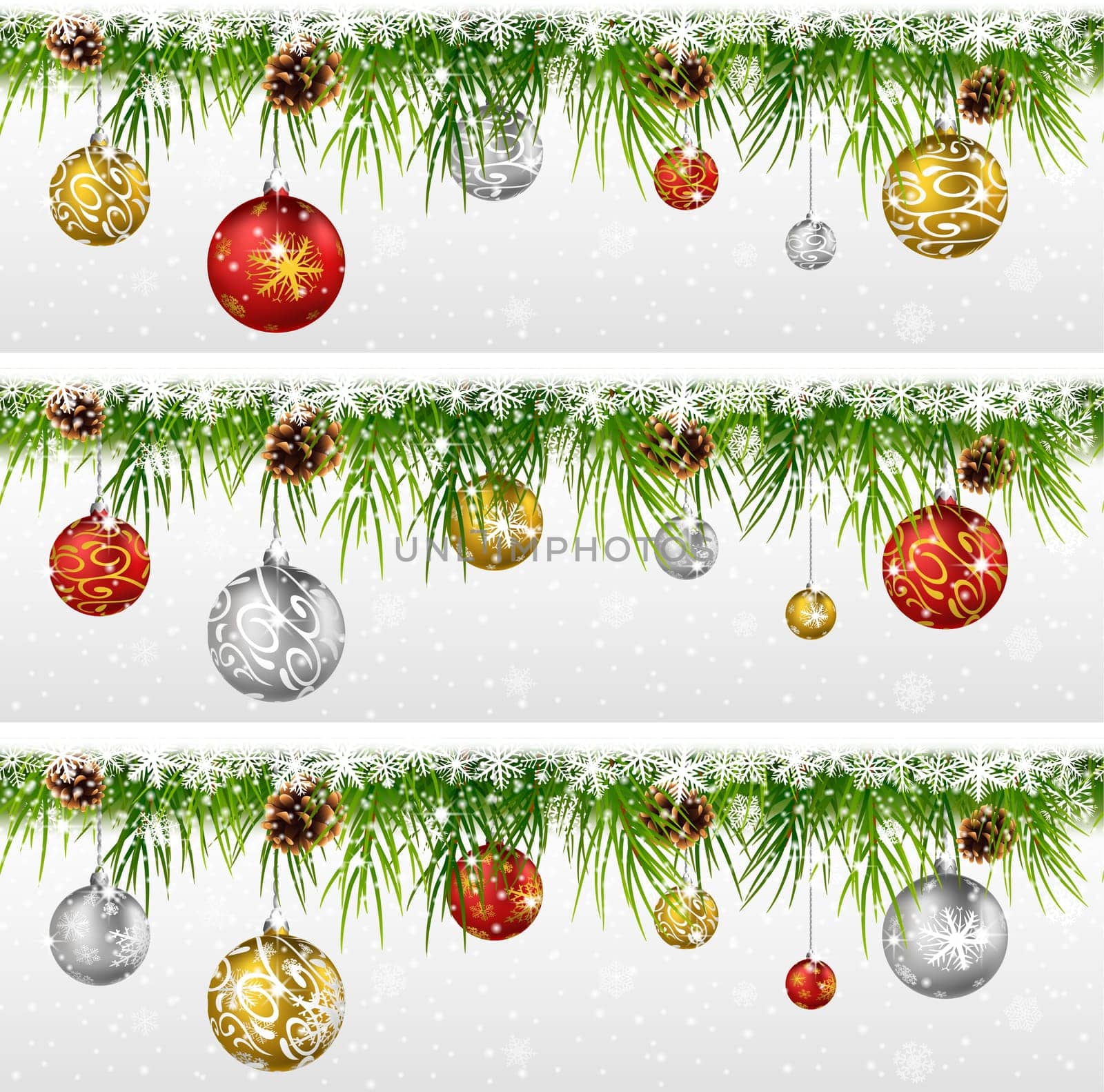 Christmas background with pine cone, ball and fir in snow