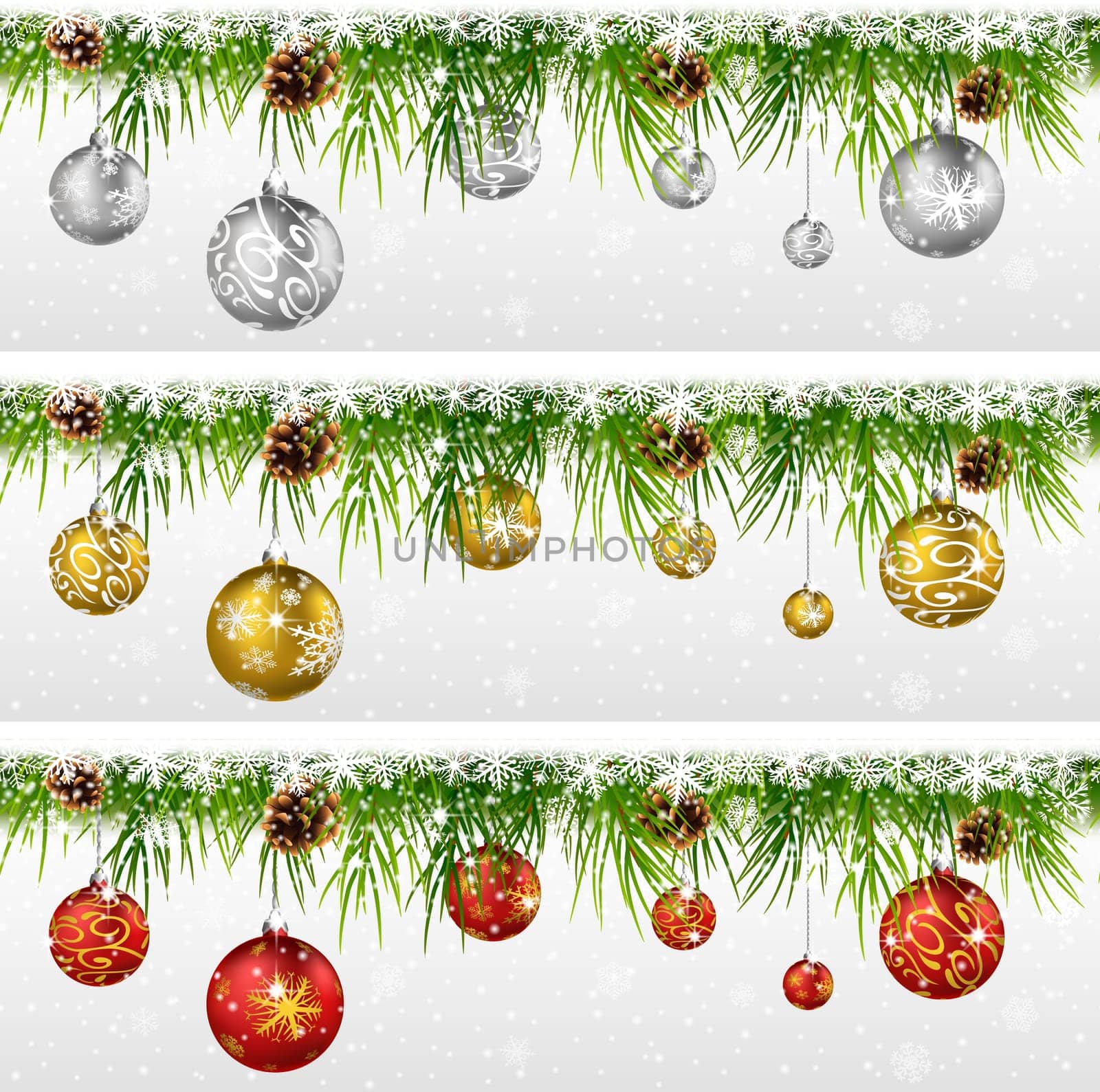 Christmas background with pine cone, ball and fir in snow