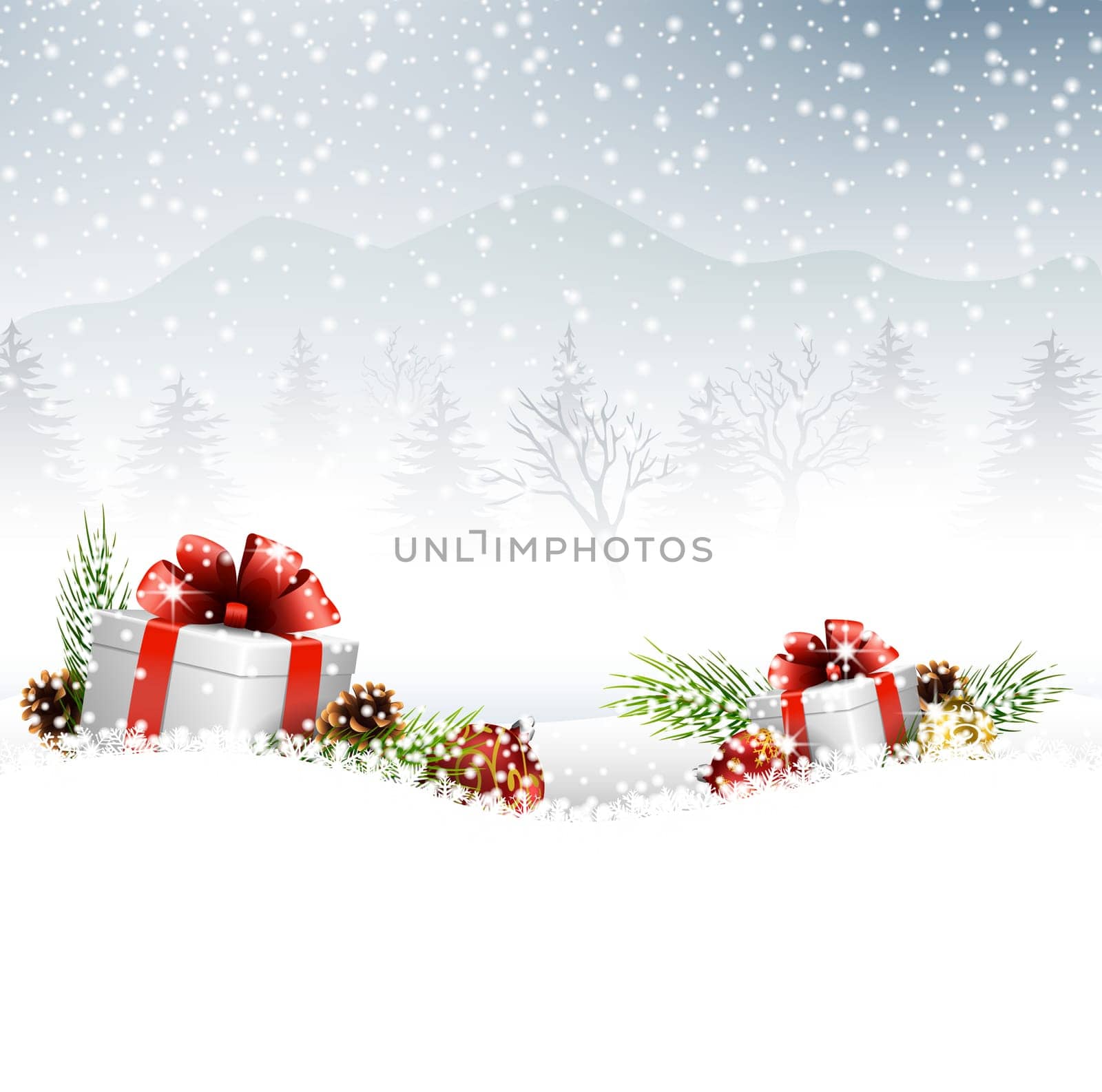 Christmas background with gift boxes on the snow