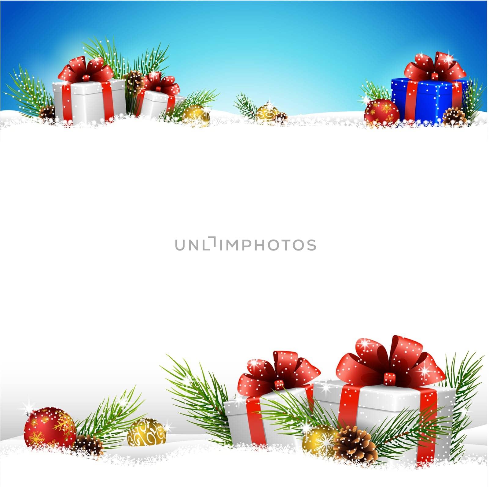 Christmas background with gift boxes on the snow
