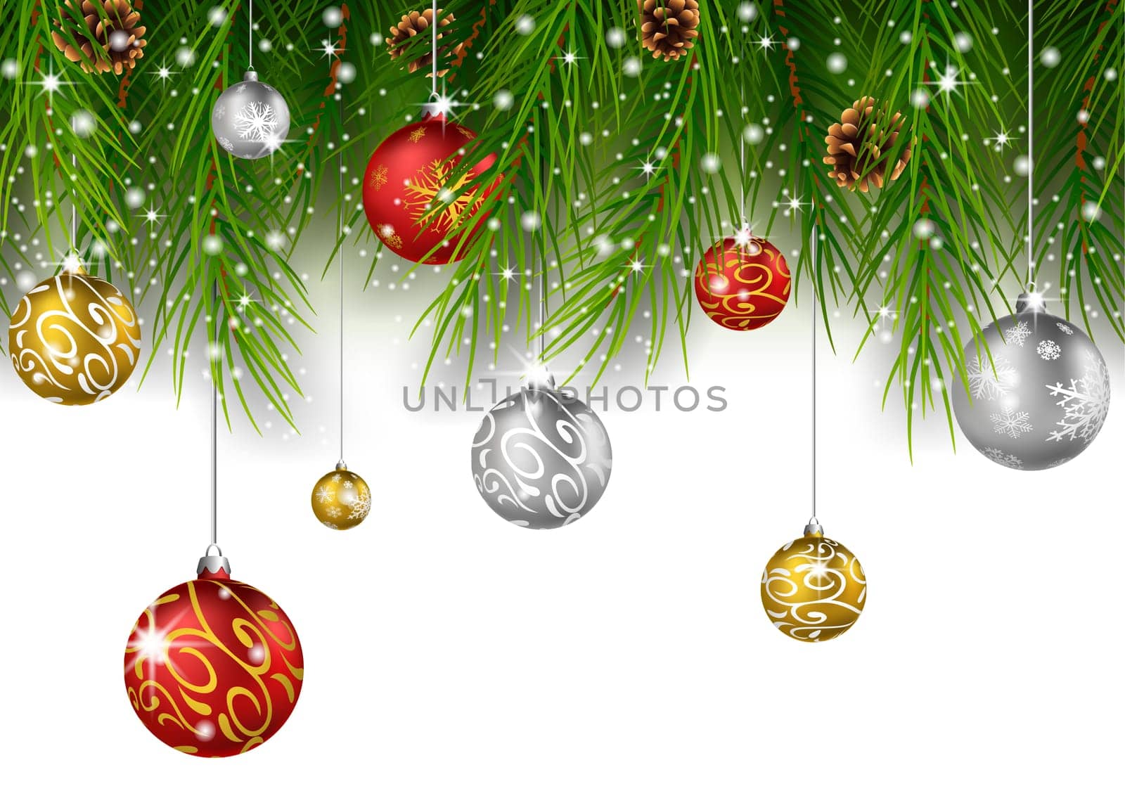 Christmas background with pine cone, ball and fir in snow