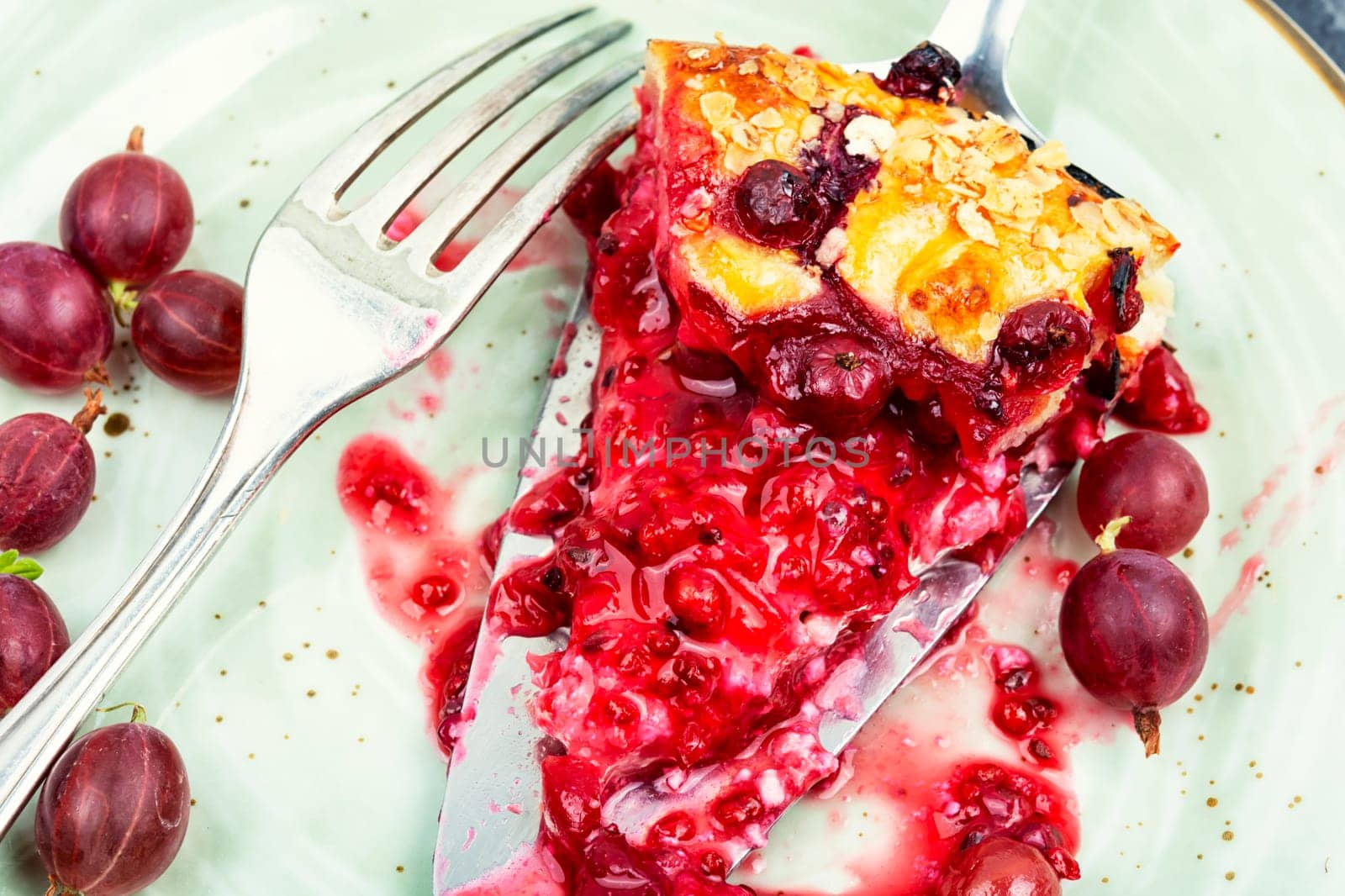 Summer pie or tart with red currants and gooseberries.