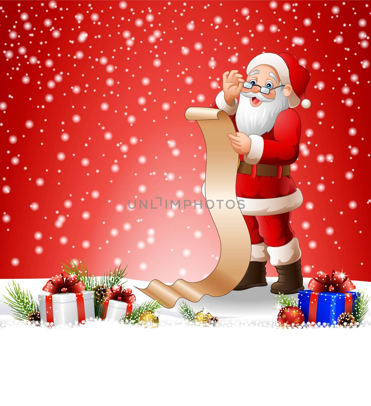 Christmas background with Santa Claus reading a long list of gifts