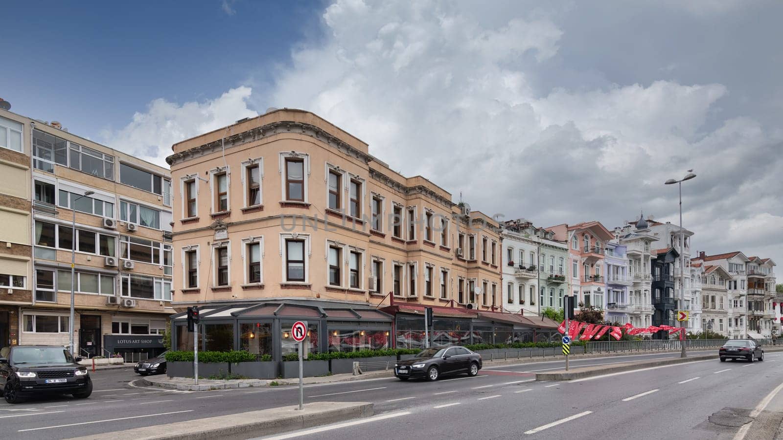 Istanbul, Turkey - May 12 2023: Colorful traditional residential buildings in Bebek - Arnavutkoy street, Besiktas district, in a sunny spring day