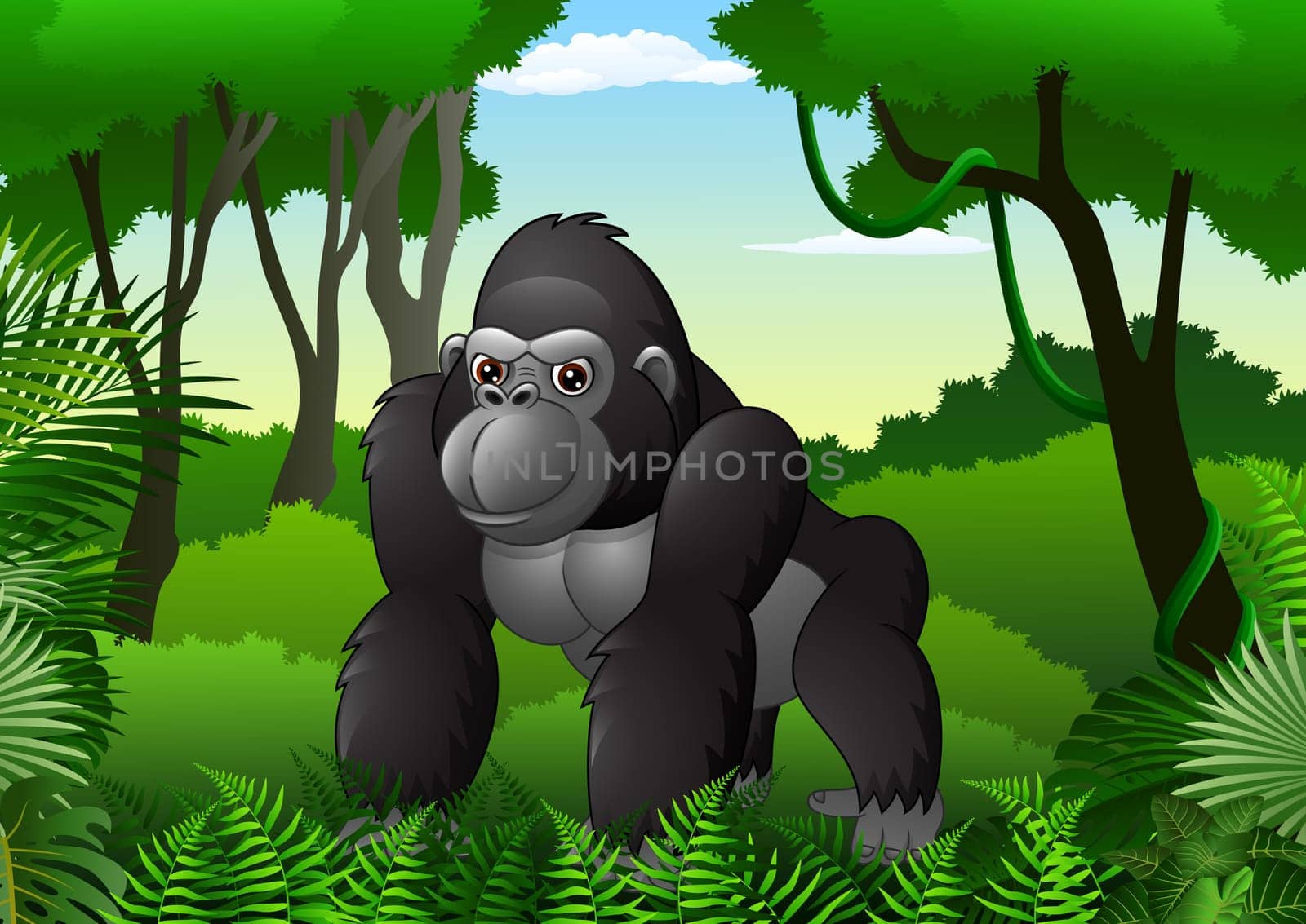 Cartoon gorilla in the thick rain forest