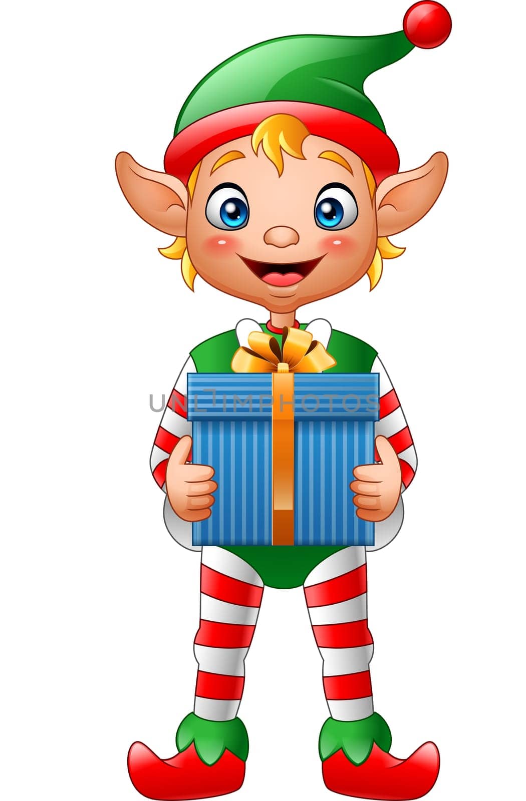 Christmas background with elf holding gift box
