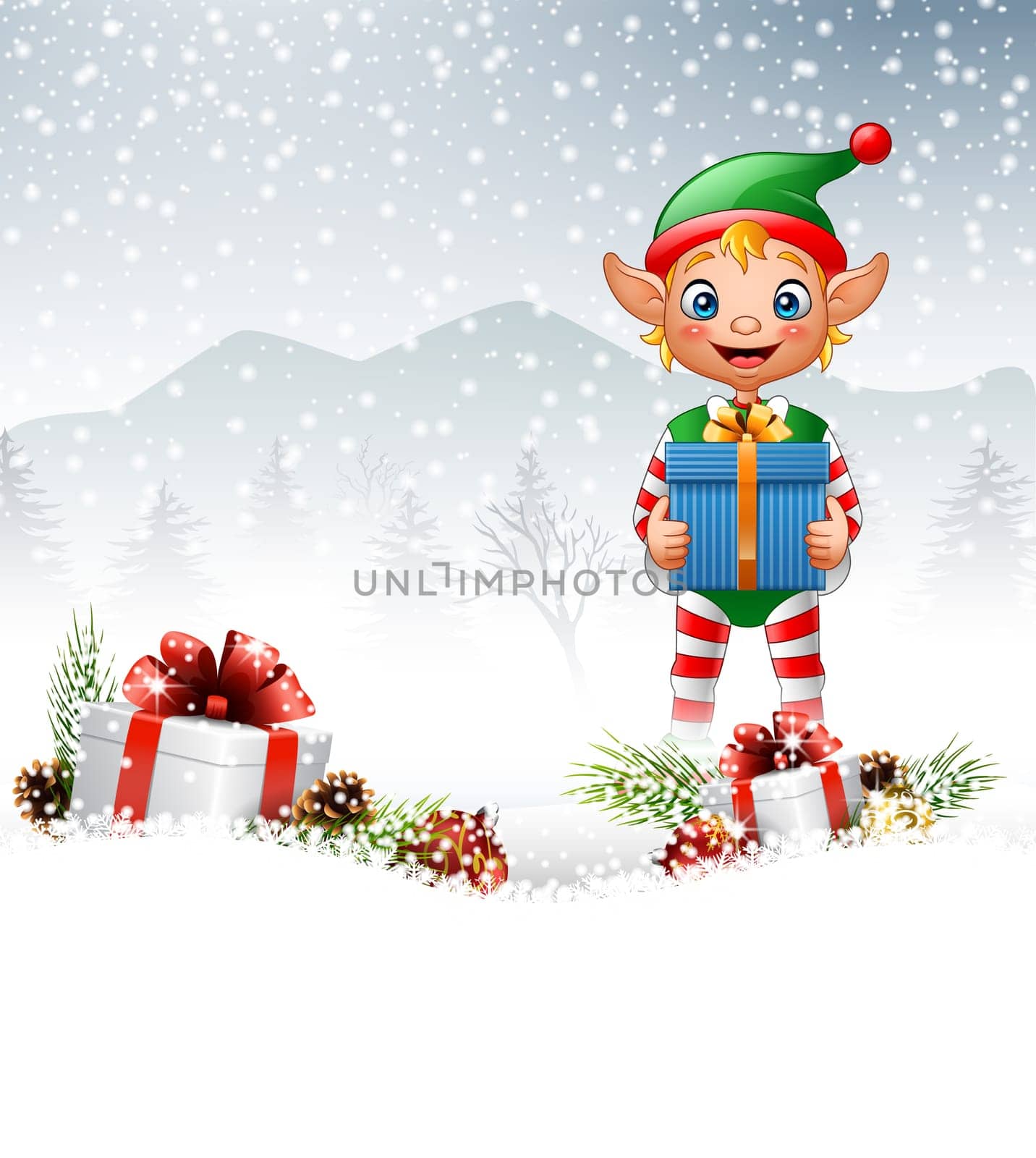 Christmas background with elf holding gift box