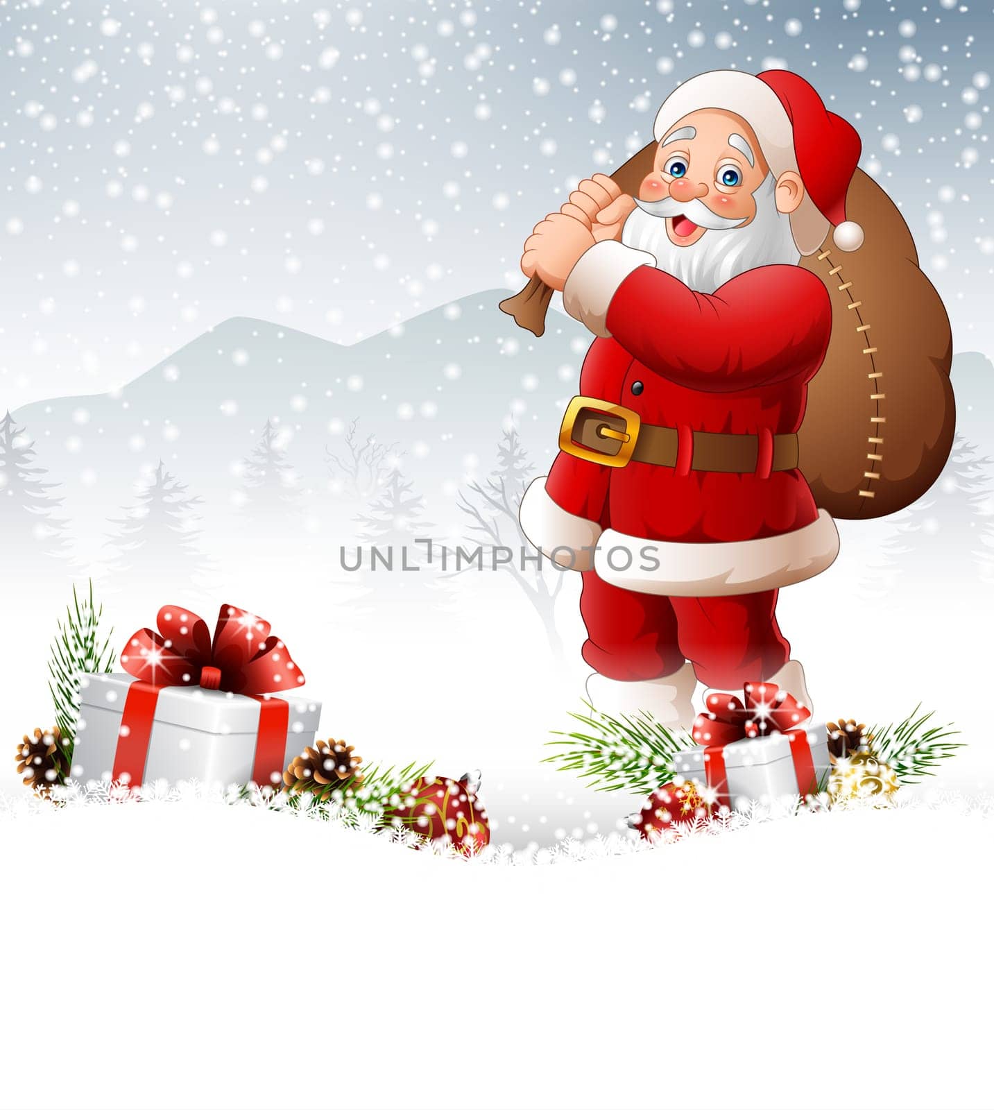 Christmas background with Santa pulling a huge bag