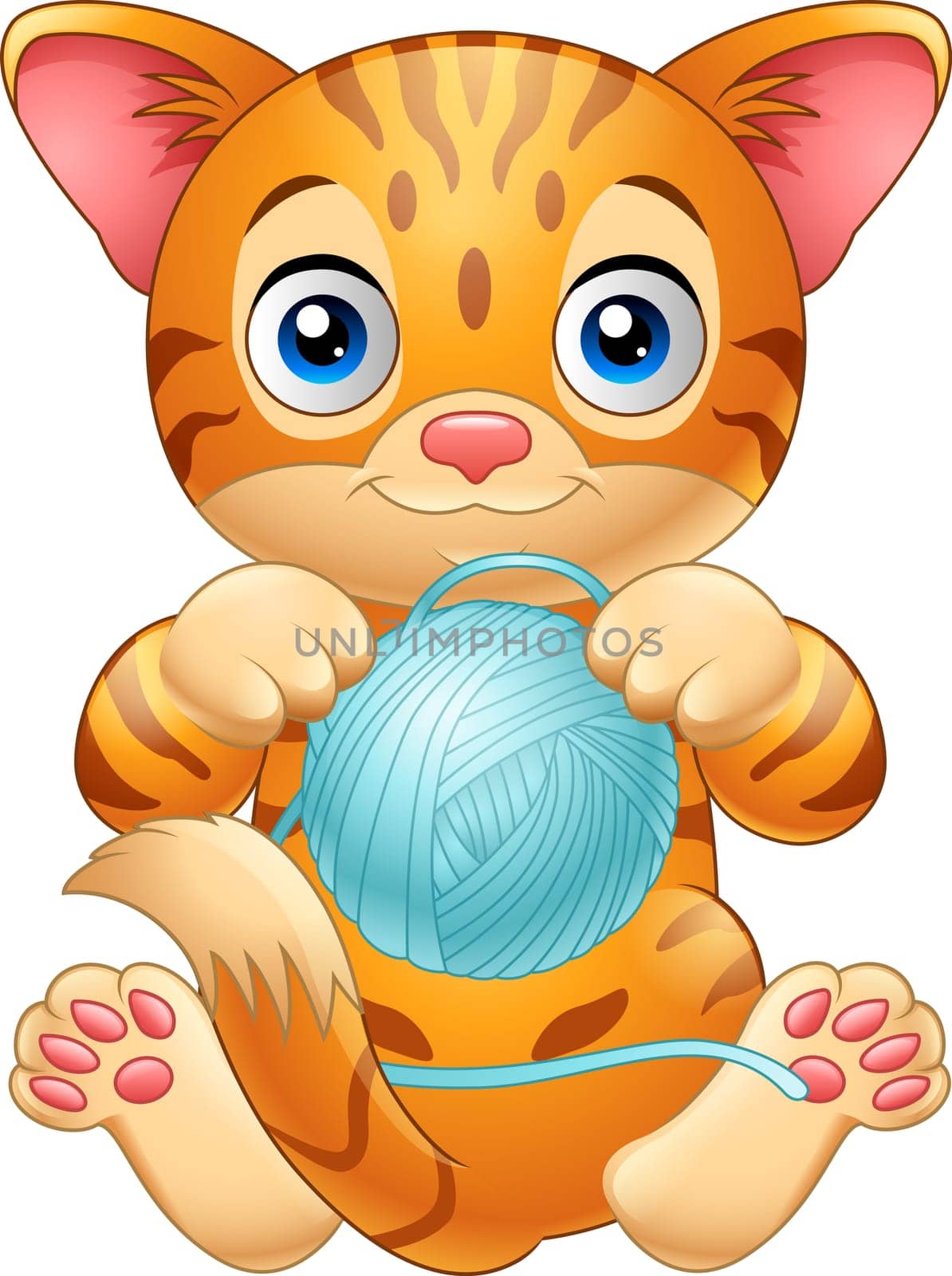 Cartoon baby cat playing with ball of blue yarn