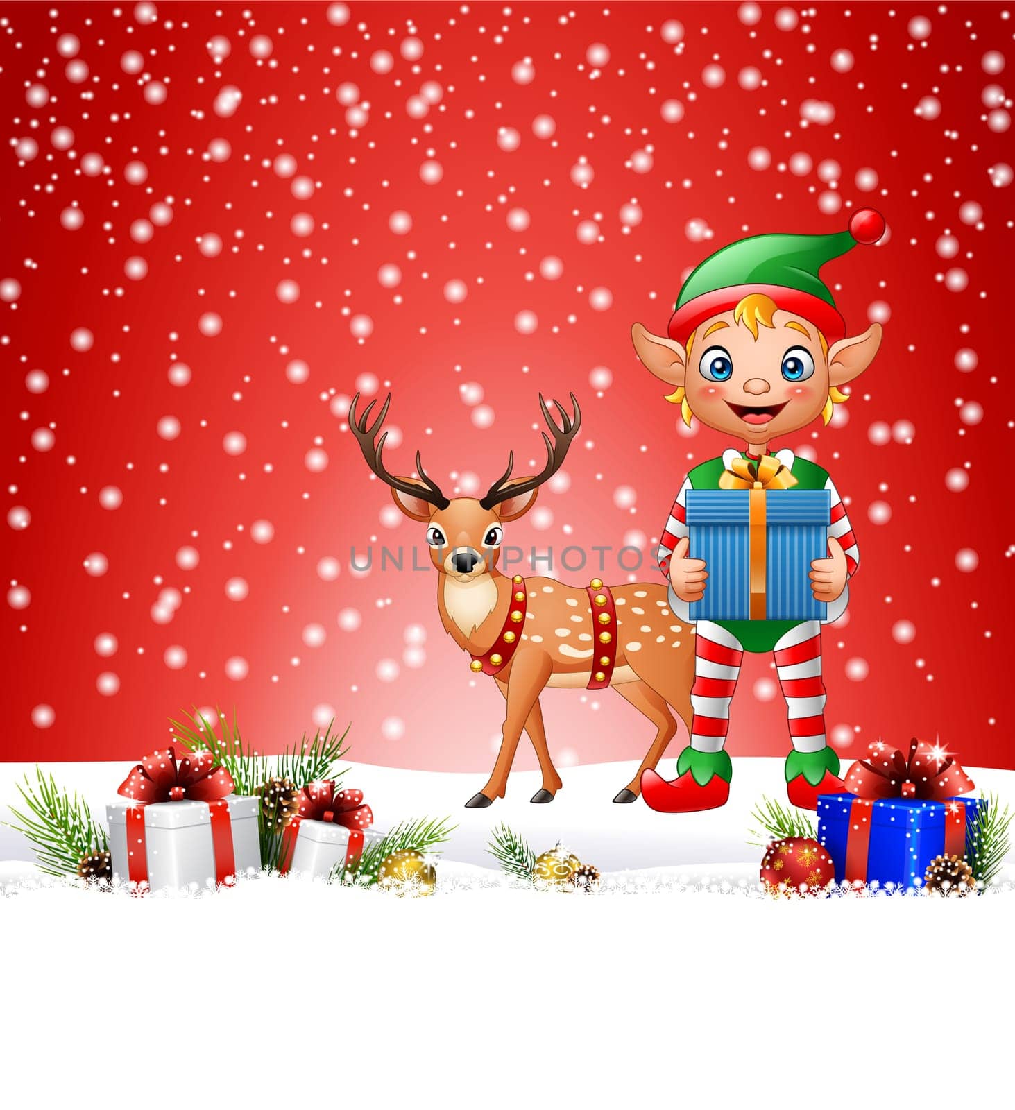 Christmas background with elf holding gift box