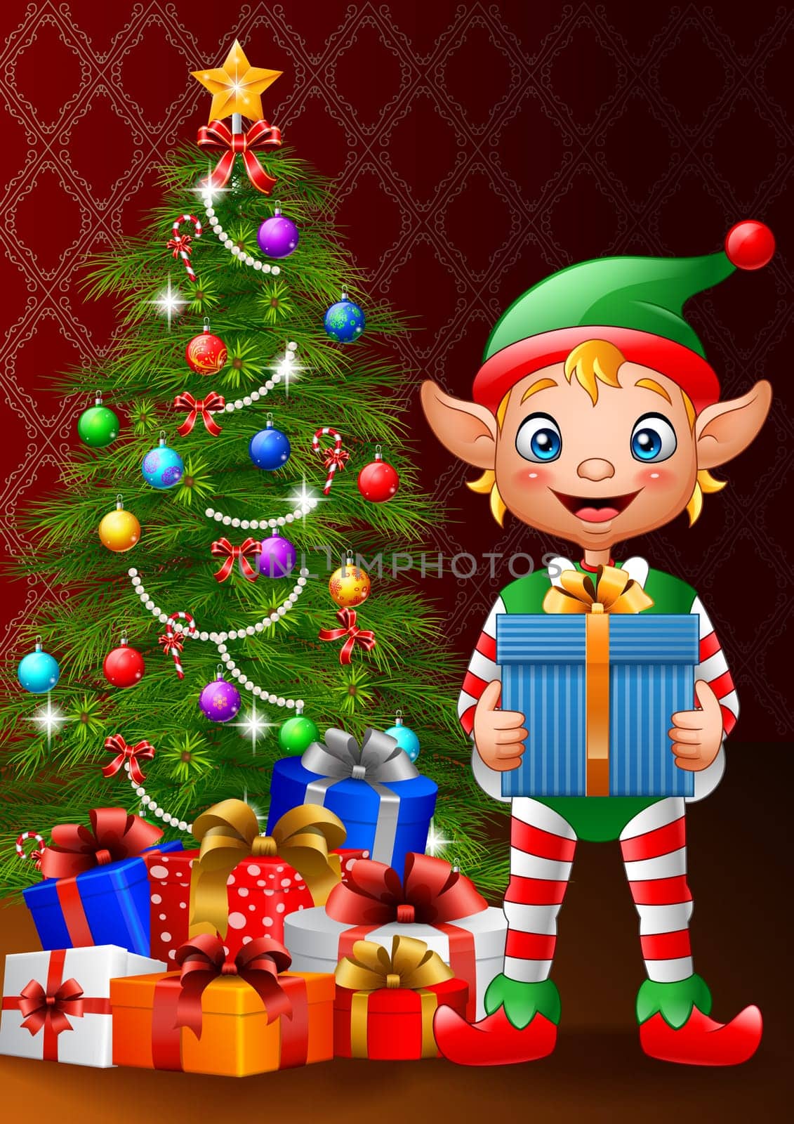 Christmas background with elf holding gift box